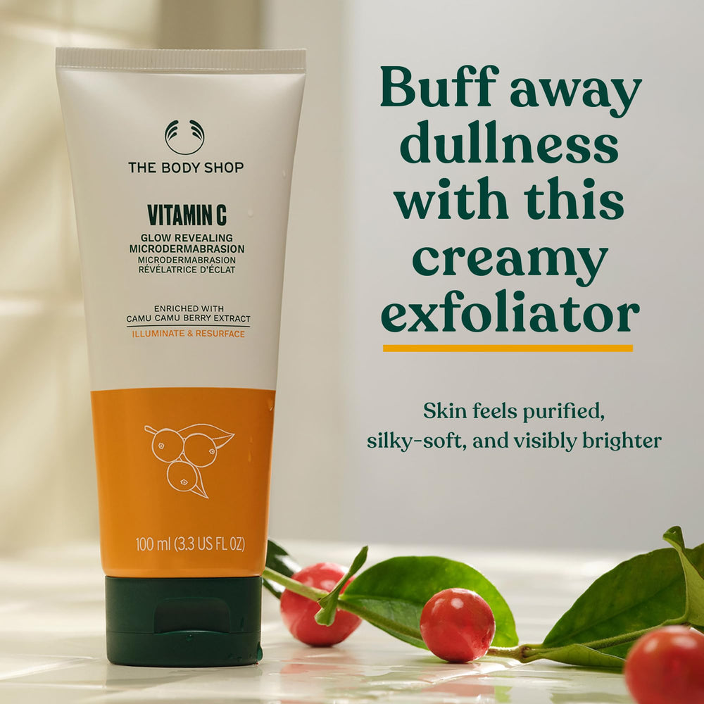 The Body Shop Vitamin C Glow Boosting Microdermabrasion crushed garnet particles for smoother skin