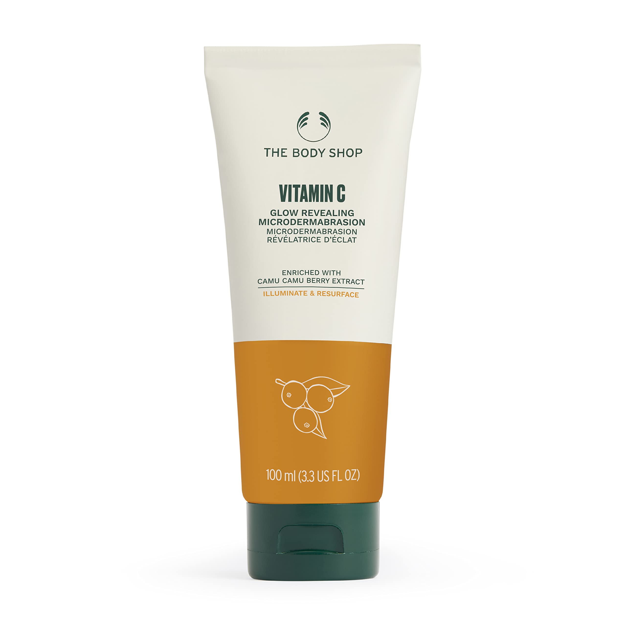 The Body Shop Vitamin C Glow Boosting Microdermabrasion tube for at-home radiance boost
