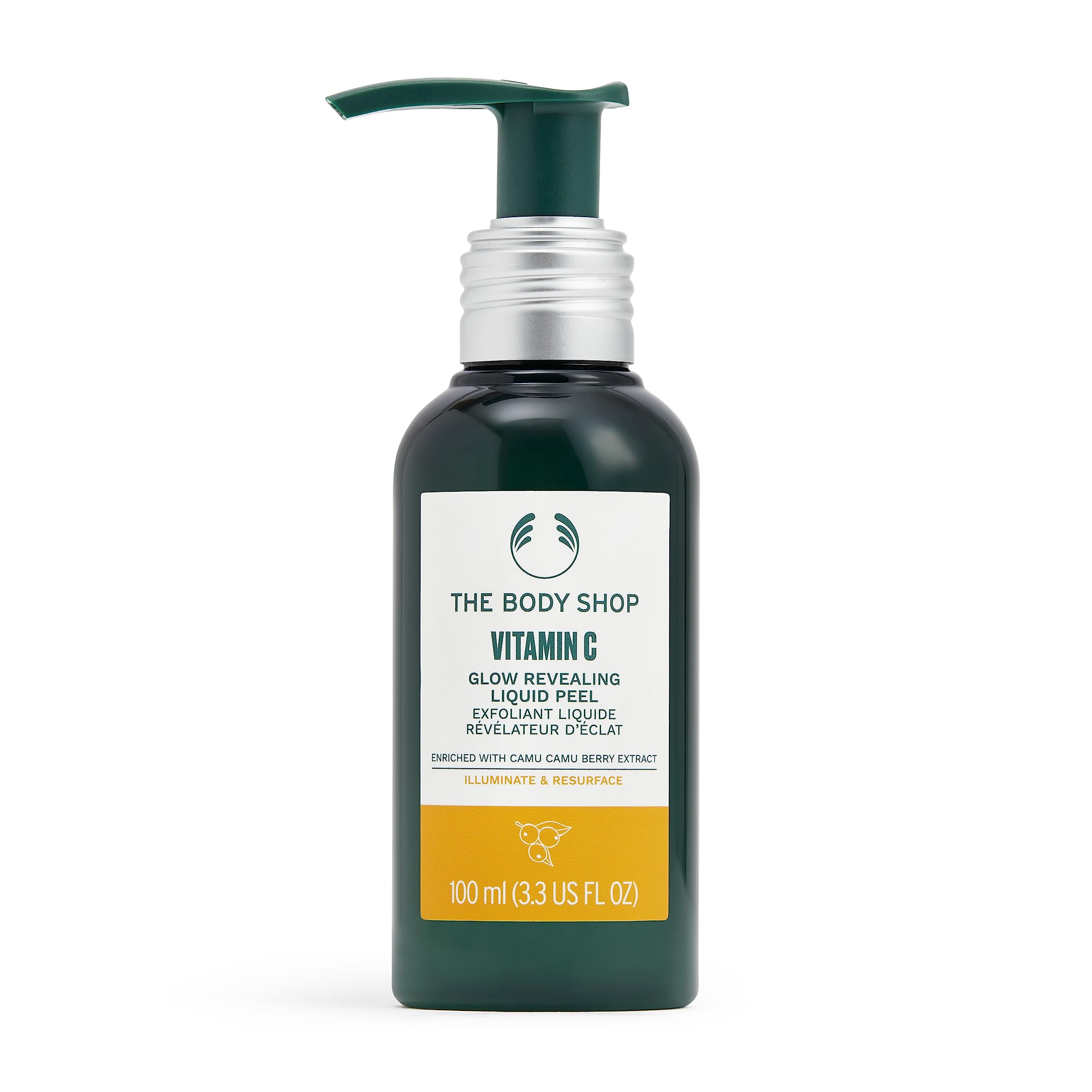 The Body Shop Vitamin C Glow-Revealing Liquid Peel bottle showcases bright citrus energy for radiant skin.