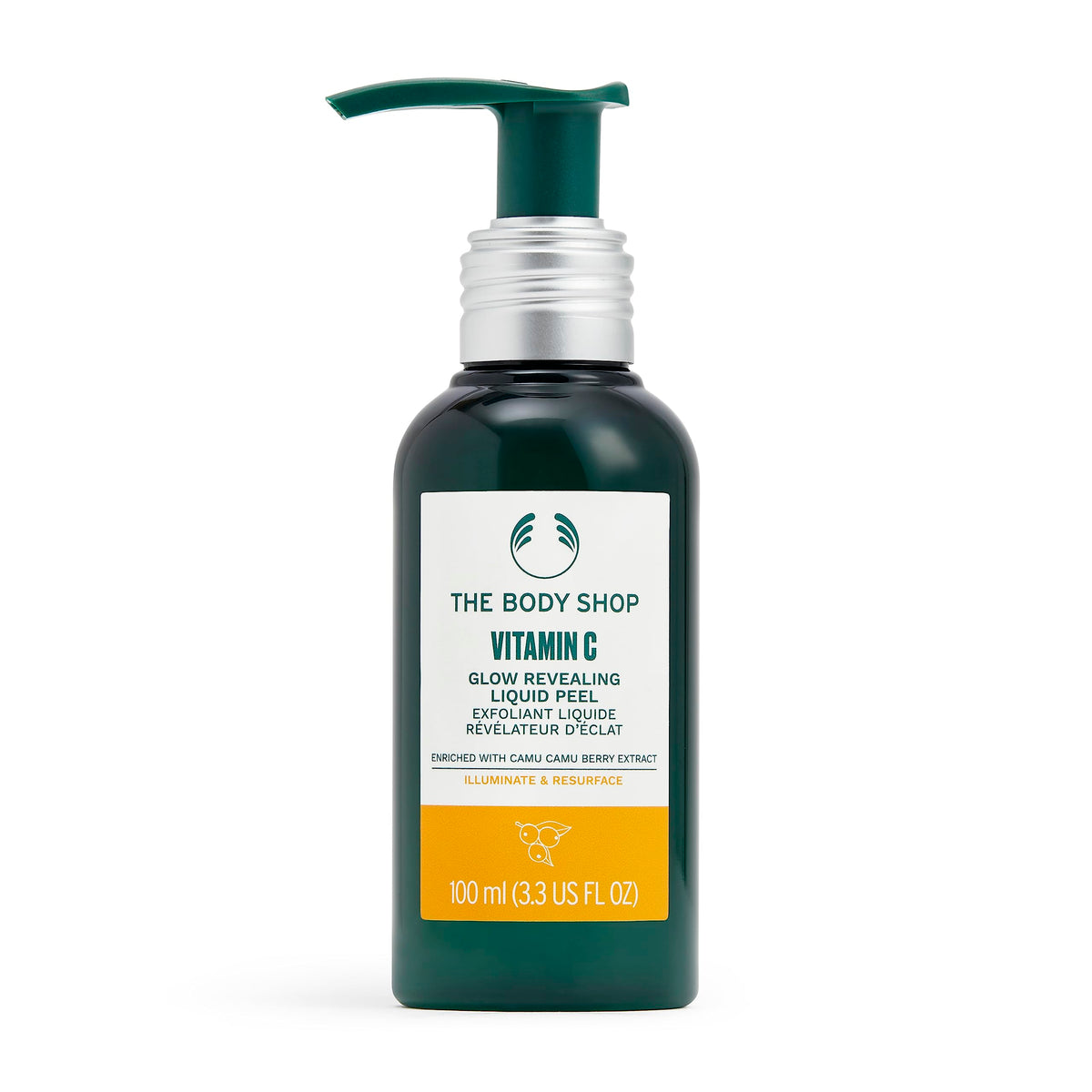 The Body Shop Vitamin C Glow-Revealing Liquid Peel bottle showcases bright citrus energy for radiant skin.