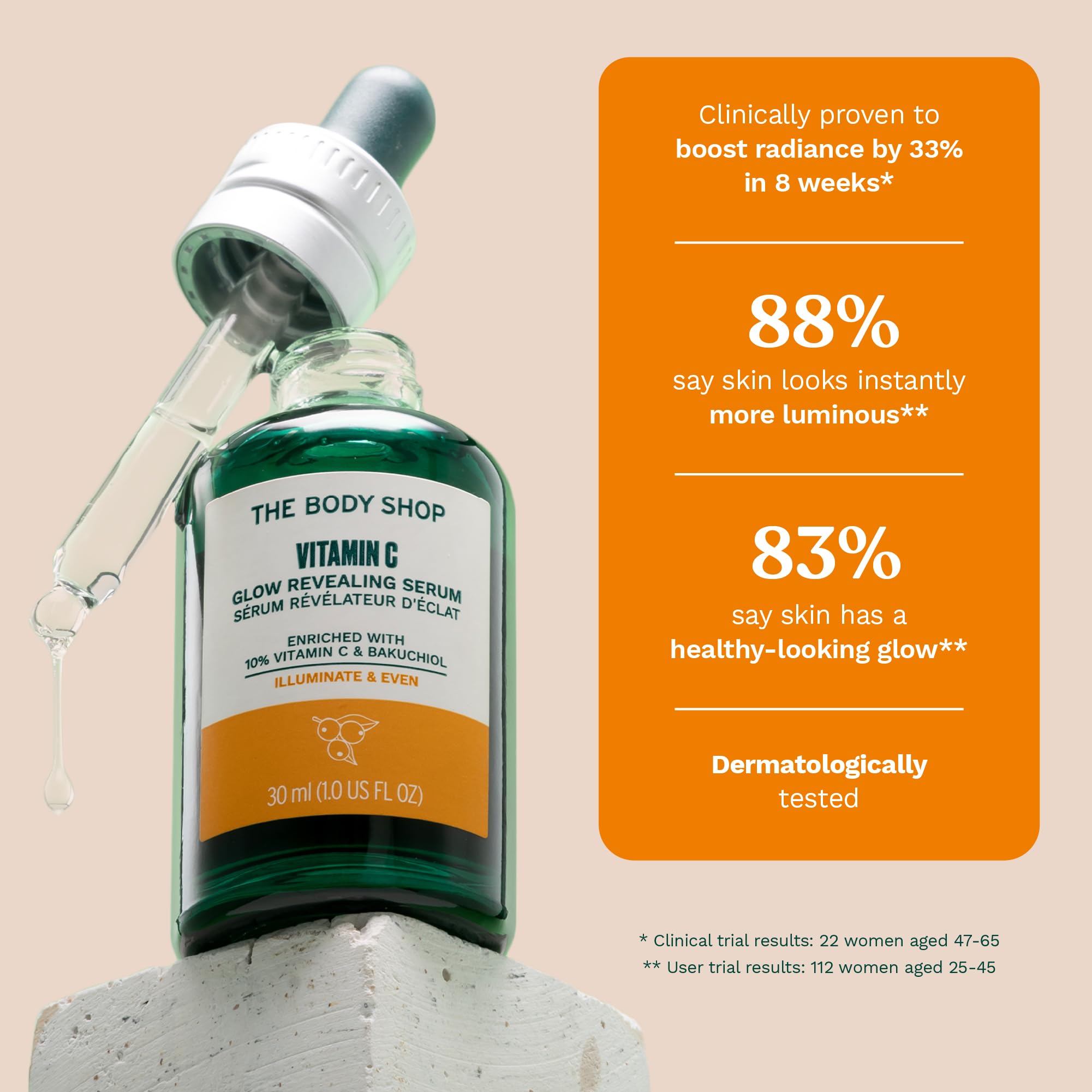 Recyclable glass bottle packaging for The Body Shop Vitamin C Glow Revealing Serum