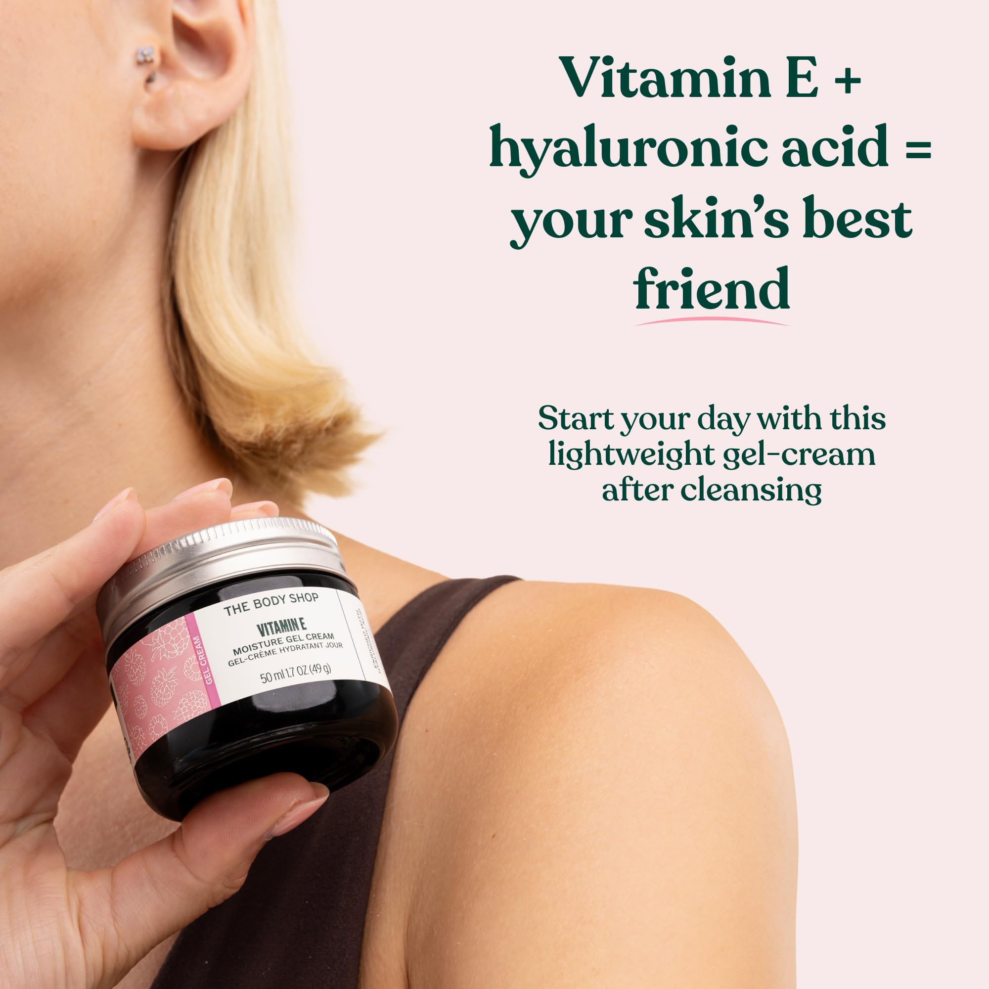 The Body Shop Vitamin E Gel Moisture Cream application on cheek epitomizes refreshing morning routine
