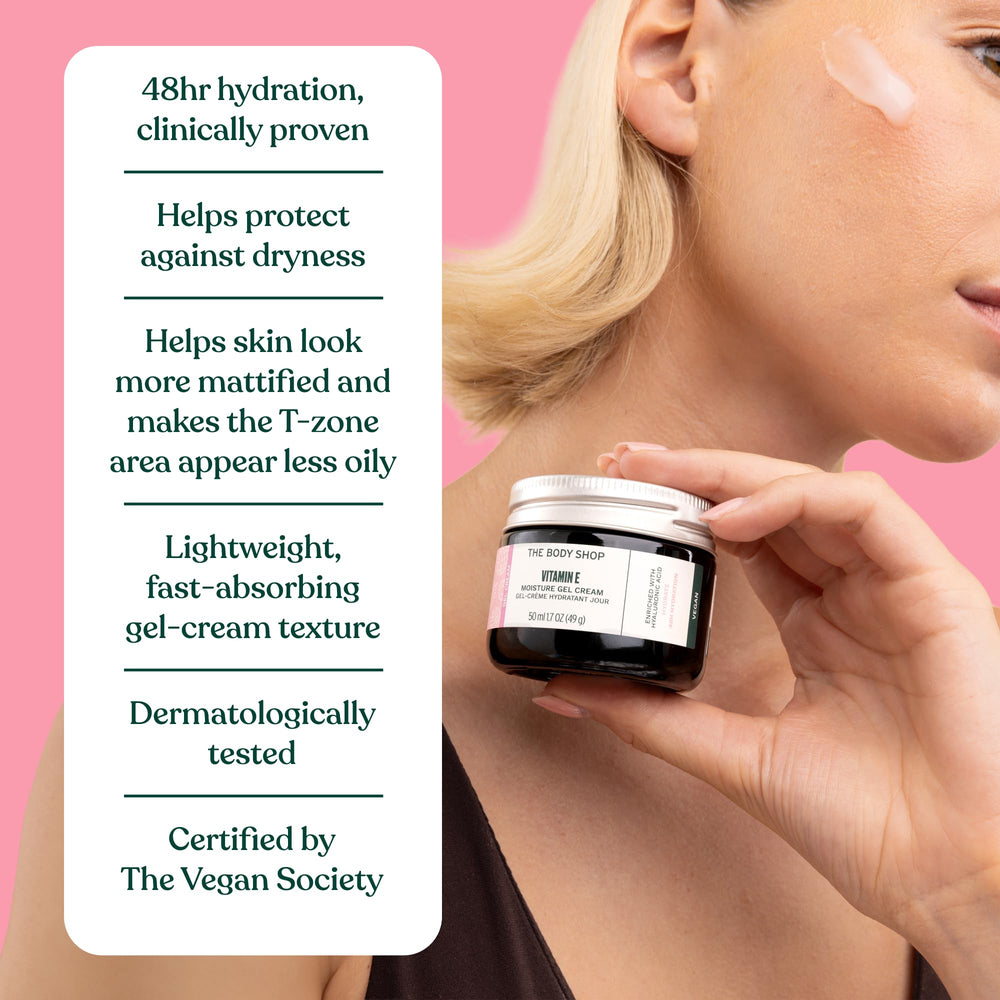 The Body Shop Vitamin E Gel Moisture Cream packaging on bathroom shelf with 48hr hydration claim