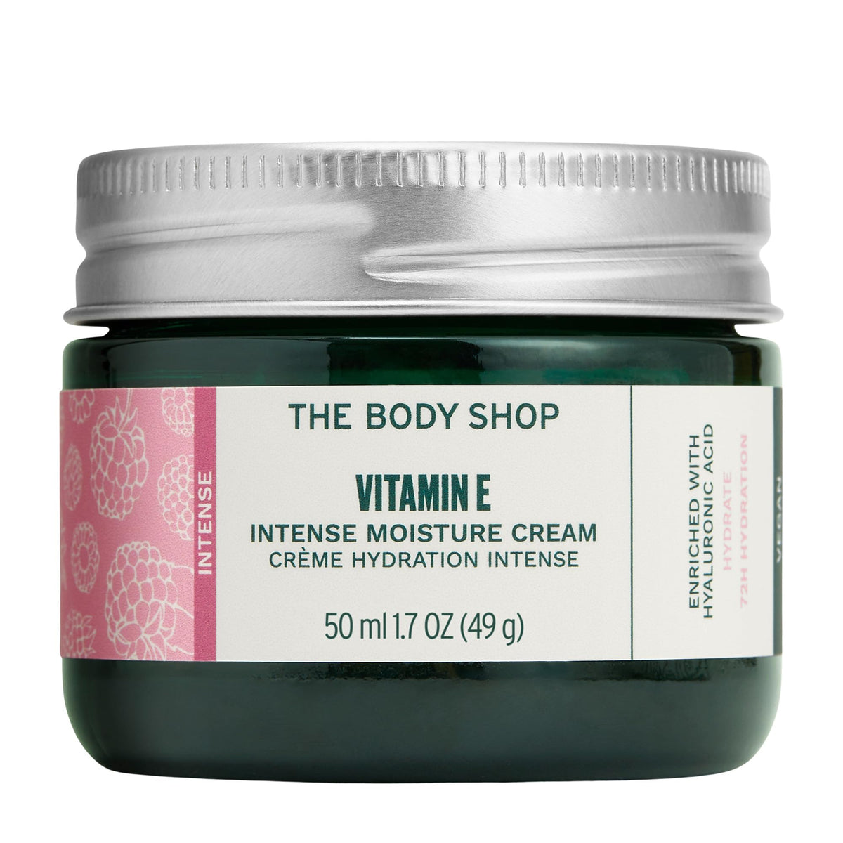 The Body Shop Vitamin E Intense Moisturizer jar close-up shows creamy texture and nourishment.
