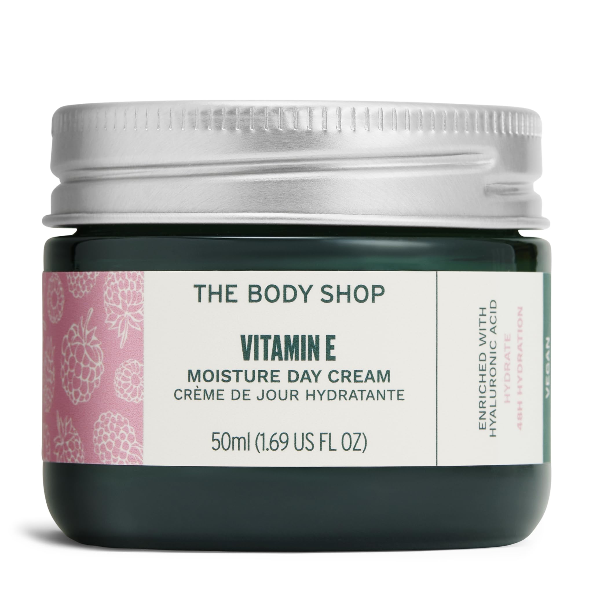 The Body Shop Vitamin E Moisture Cream jar close-up shows lightweight hydration.