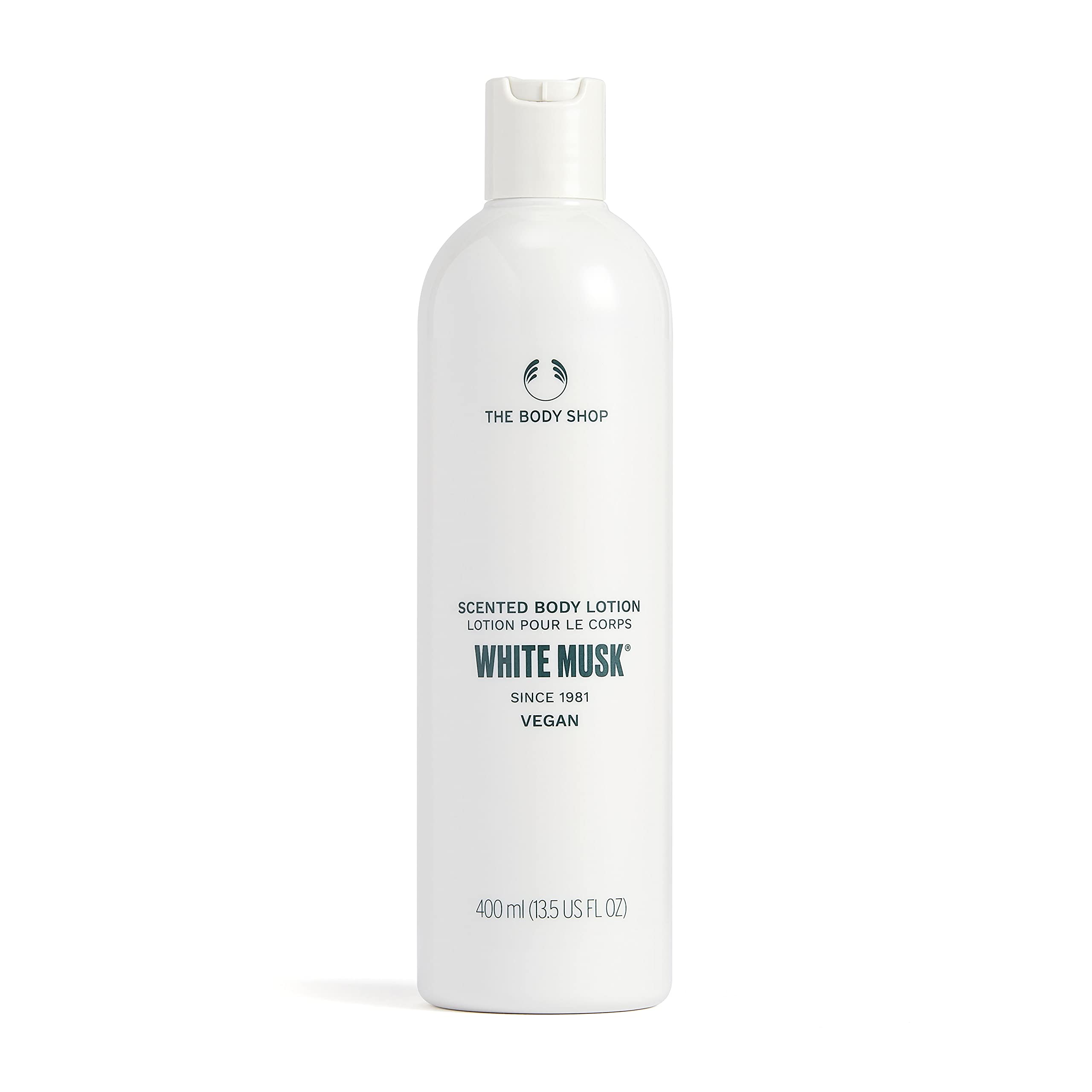 The Body Shop White Musk Body Lotion bottle provides lightweight hydration and a soft floral fragrance.