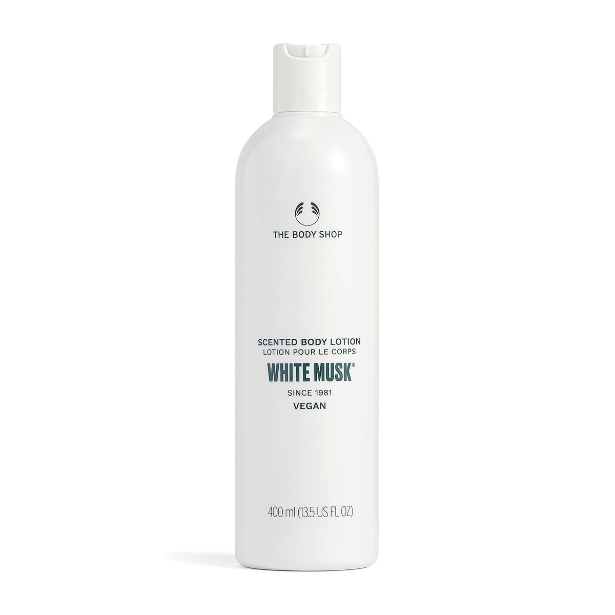 The Body Shop White Musk Body Lotion bottle provides lightweight hydration and a soft floral fragrance.