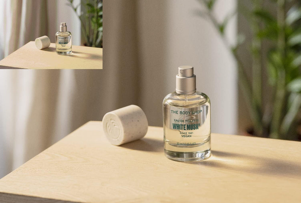 The Body Shop White Musk EDT note visuals suggesting vanilla, jasmine, and musk harmony.