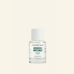 The Body Shop White Musk EDT pump close-up highlights a subtle spritz for on-the-go use.