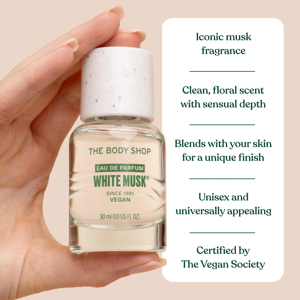 The Body Shop White Musk EDT packaging on shelf conveys timeless, versatile scent for occasions.