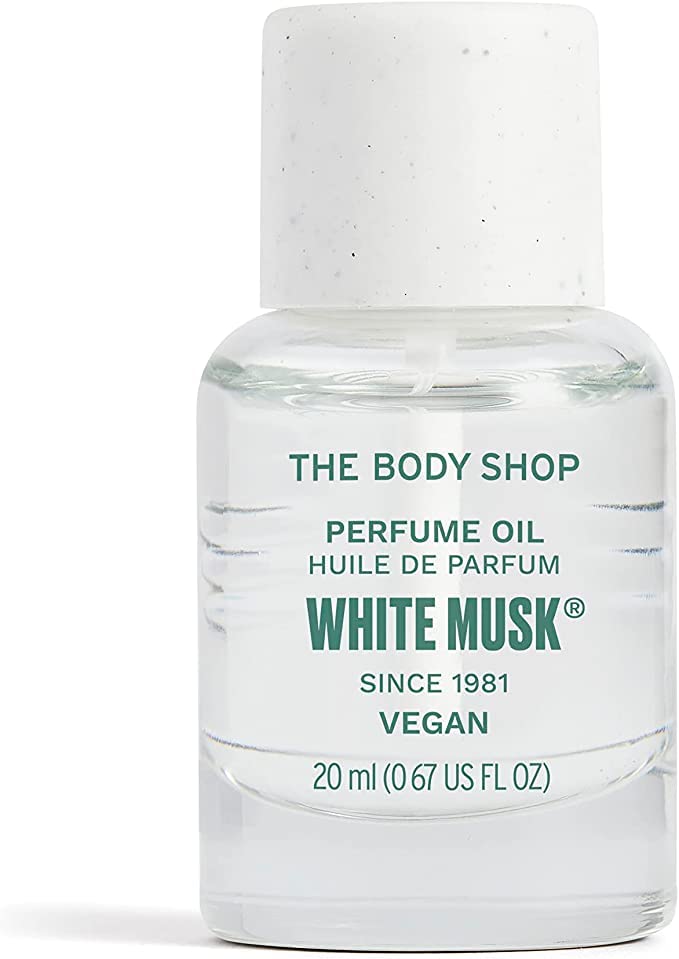 The Body Shop White Musk Perfume Oil bottle close-up for lasting fragrance.