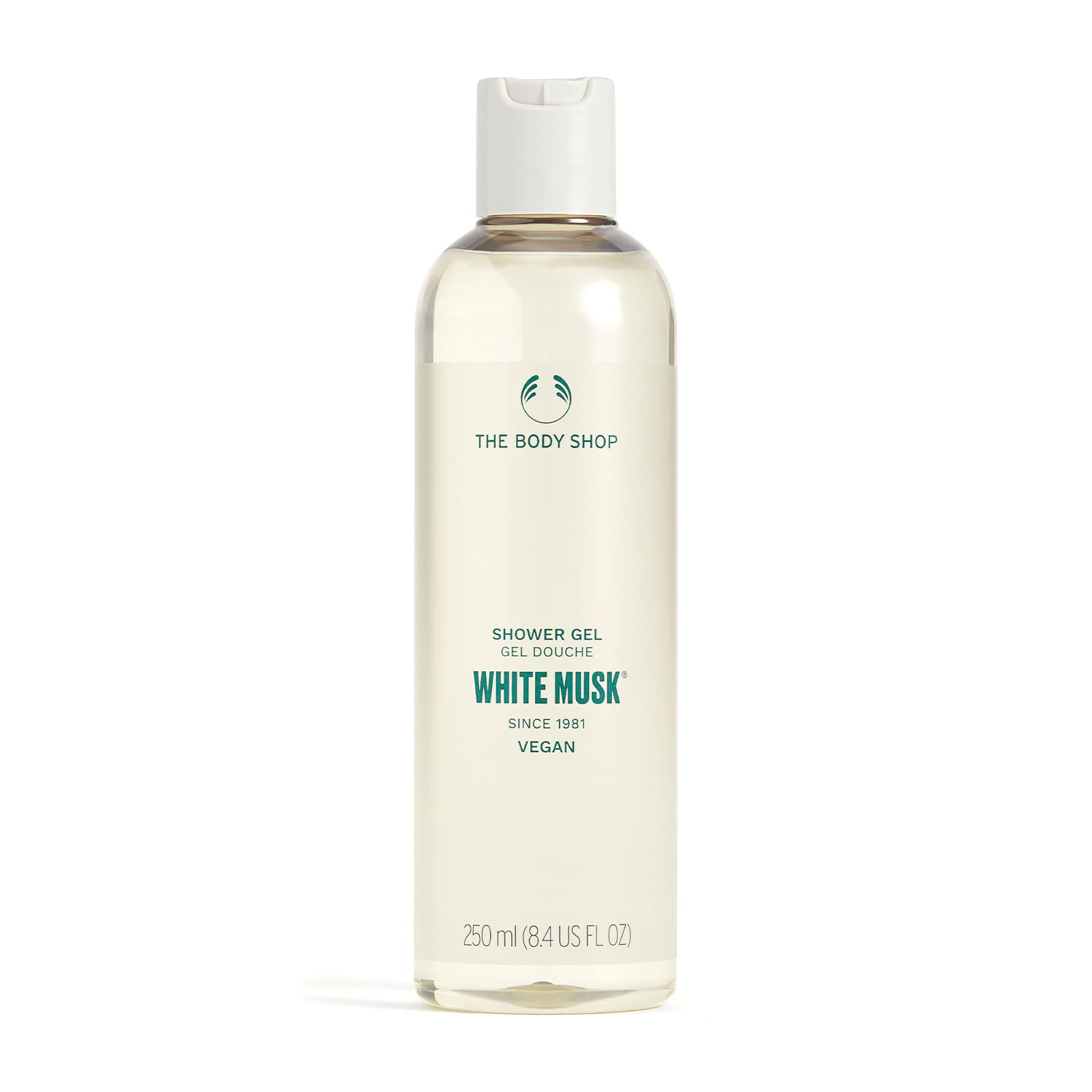 The Body Shop White Musk Shower Gel bottle top highlights fresh, uplifting scent.