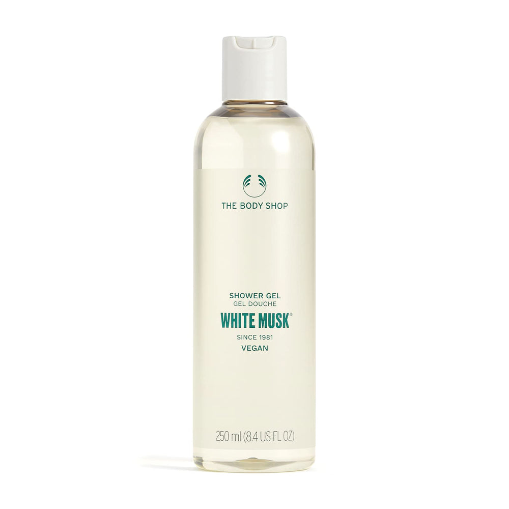 The Body Shop White Musk Shower Gel bottle top highlights fresh, uplifting scent.