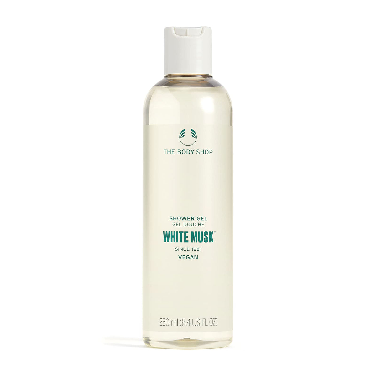 The Body Shop White Musk Shower Gel bottle top highlights fresh, uplifting scent.