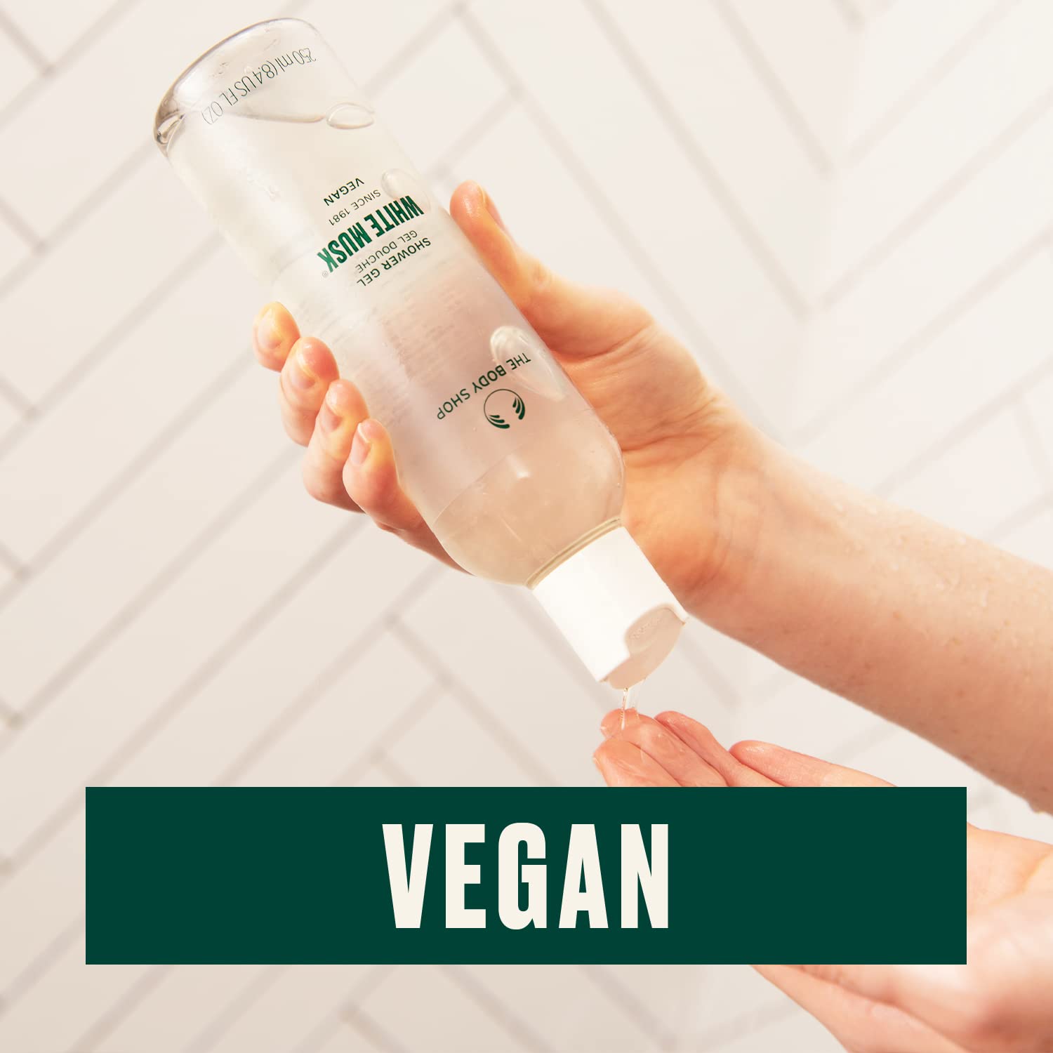 The Body Shop White Musk Shower Gel packaging recycling emphasizes sustainable plastic use.