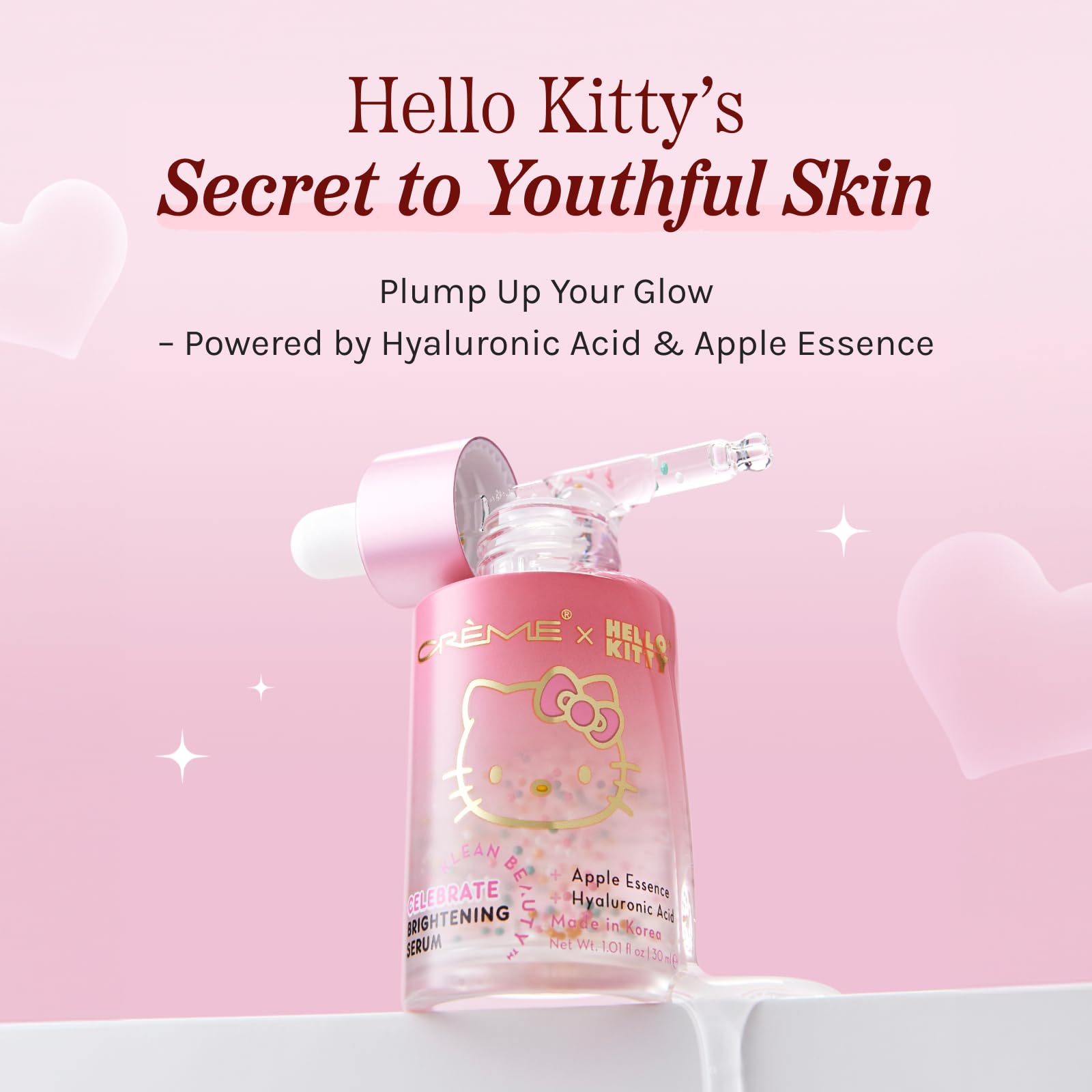 The Crème Shop Hello Kitty Brightening Serum dropper-closeup highlights hydration benefits.