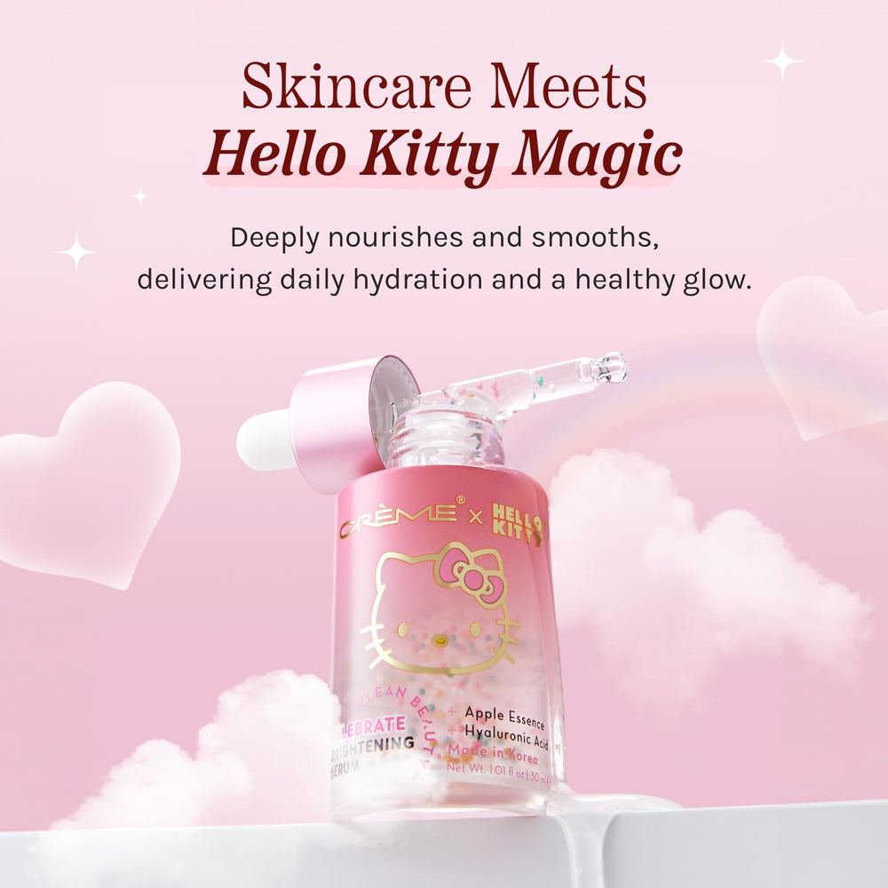 The Crème Shop Hello Kitty Brightening Serum ingredients-panel highlights apple essence and vitamin E.