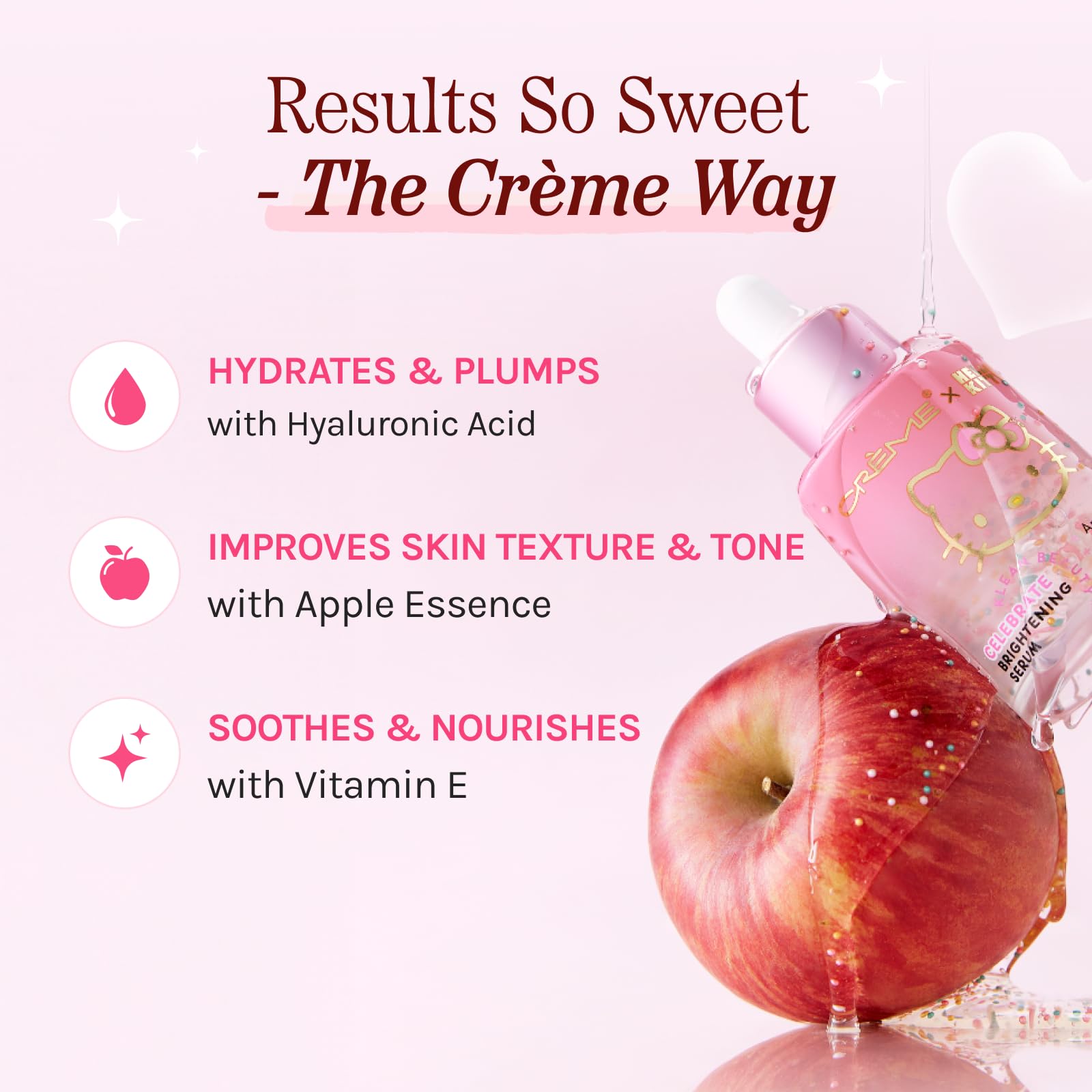 The Crème Shop Hello Kitty Brightening Serum packaging-angle emphasizes a brightening routine.