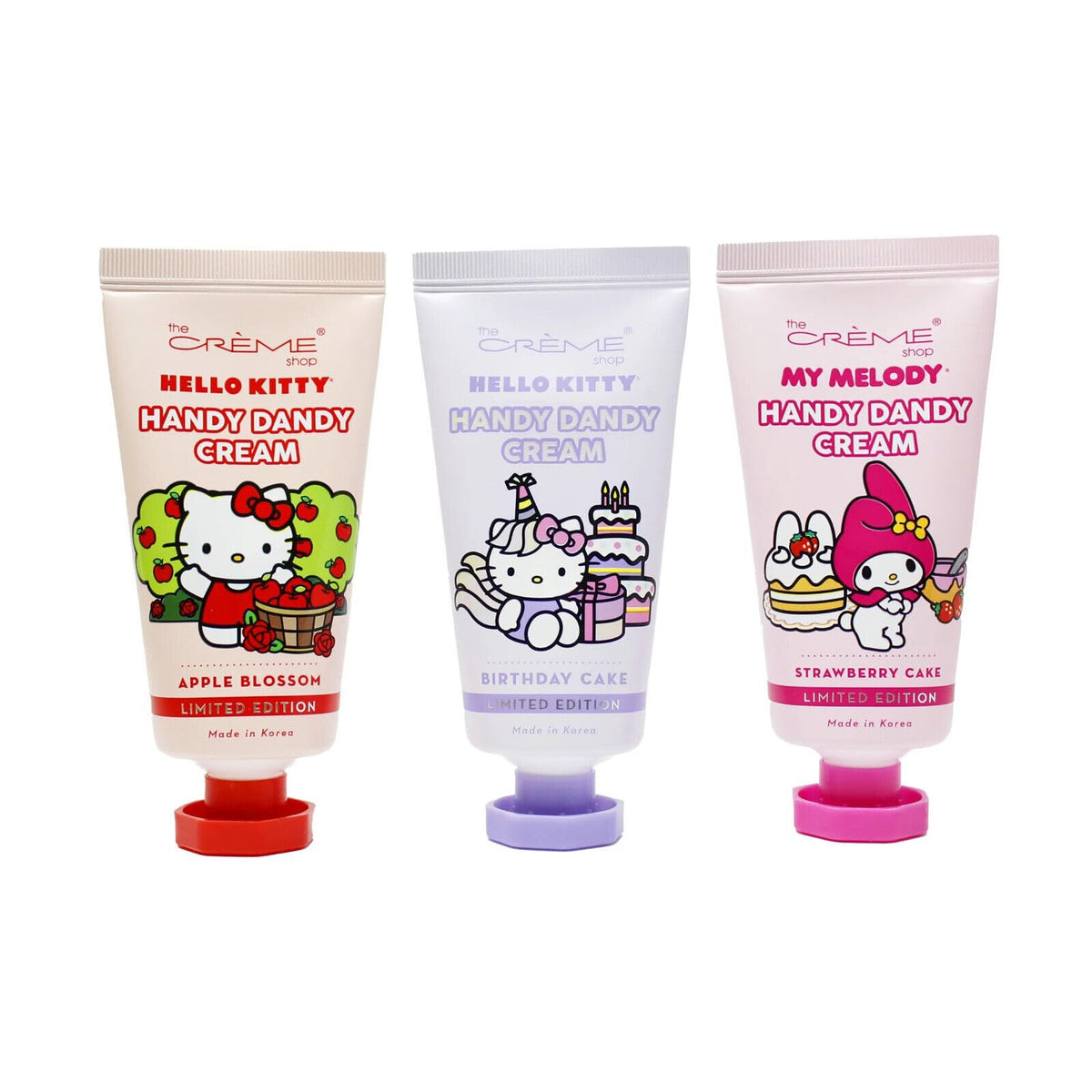 The Crème Shop Hello Kitty hand creme trio for dry skin hydration.