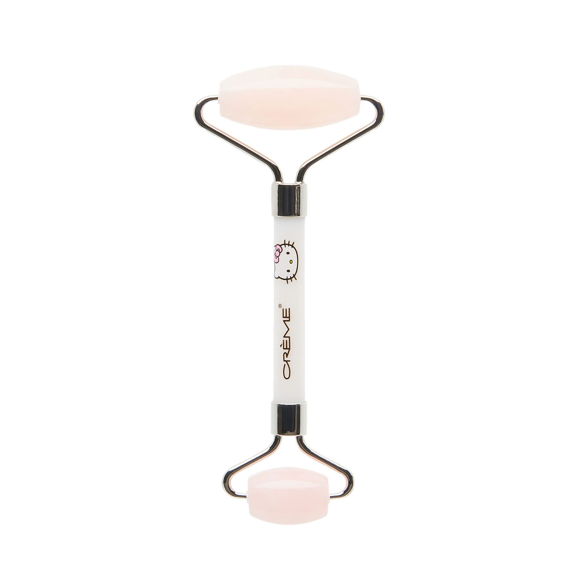 The Crème Shop Hello Kitty Love Quartz Roller, closeup on face, boosts absorption and radiant skin.