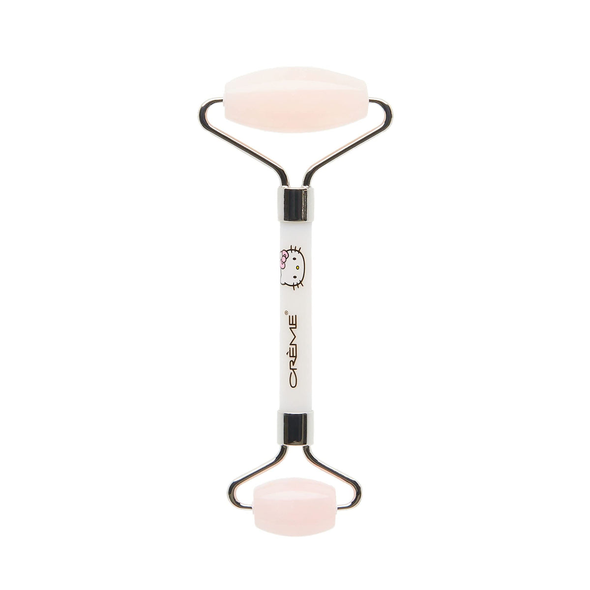 The Crème Shop Hello Kitty Love Quartz Roller, closeup on face, boosts absorption and radiant skin.