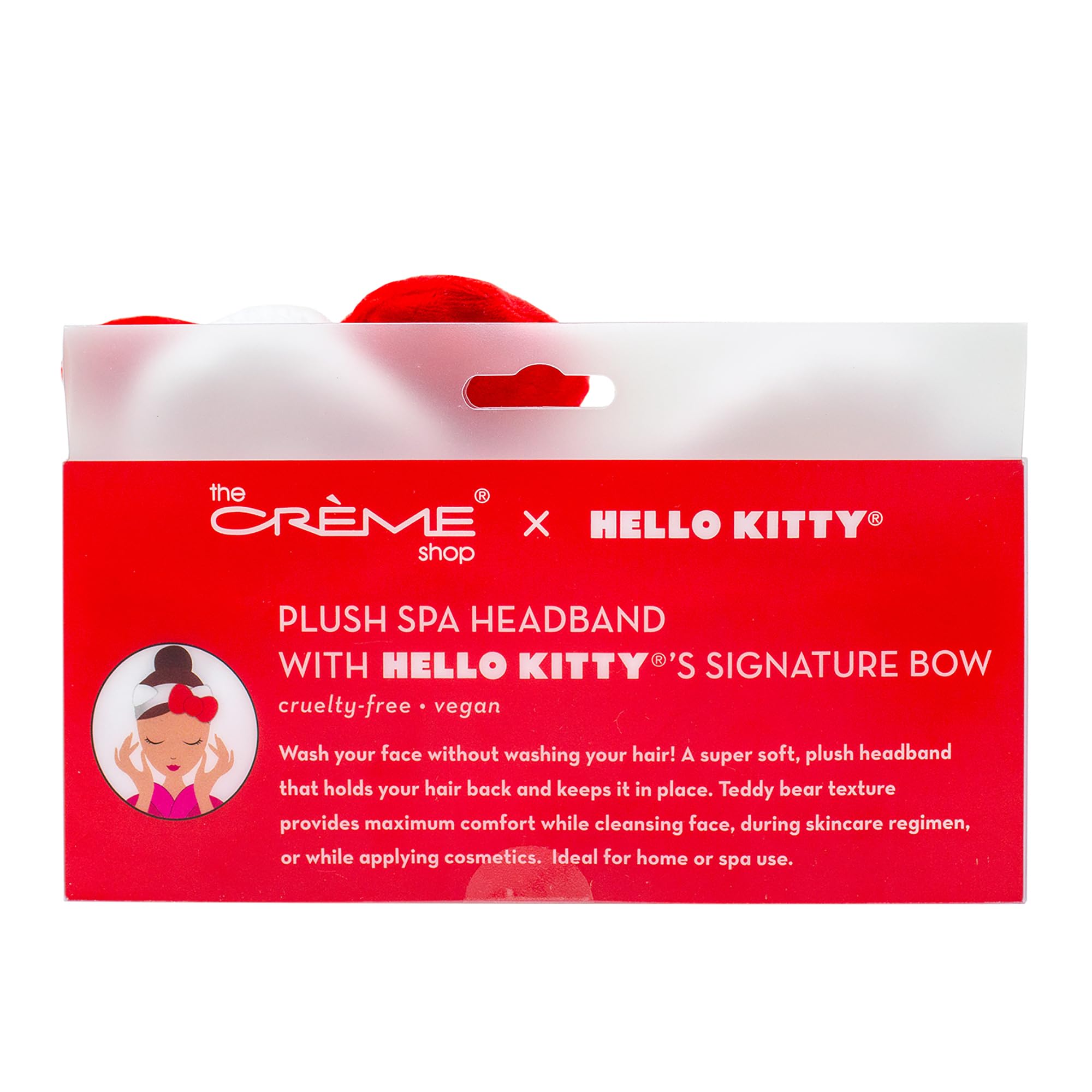 The Crème Shop Hello Kitty plush headband in spa-like home setting delivers comfort during skincare.