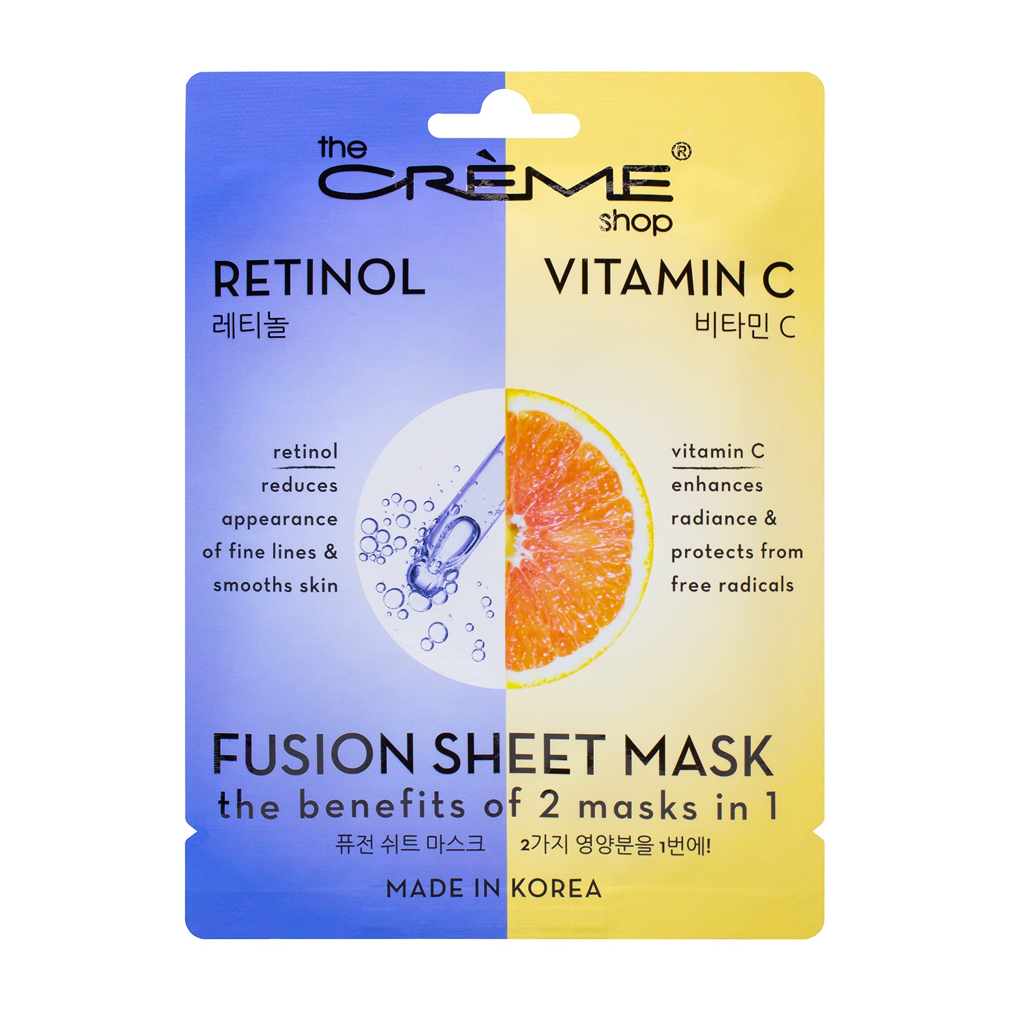 The Crème Shop retinol vitamin C fusion sheet mask pack front boosts brightening potential and vegan formula