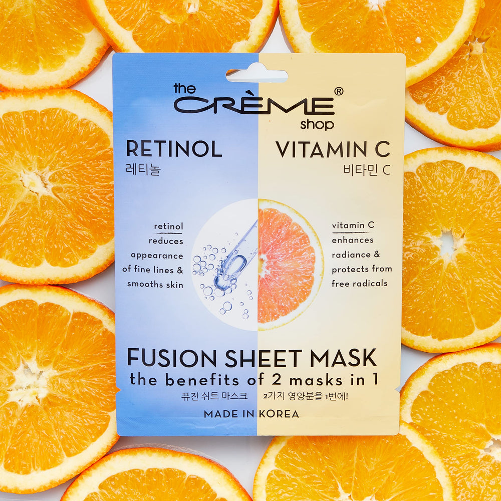 The Crème Shop retinol vitamin C fusion sheet mask packaging opened revealing vegan formula for anti-aging benefits