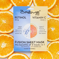 The Crème Shop retinol vitamin C fusion sheet mask packaging opened revealing vegan formula for anti-aging benefits