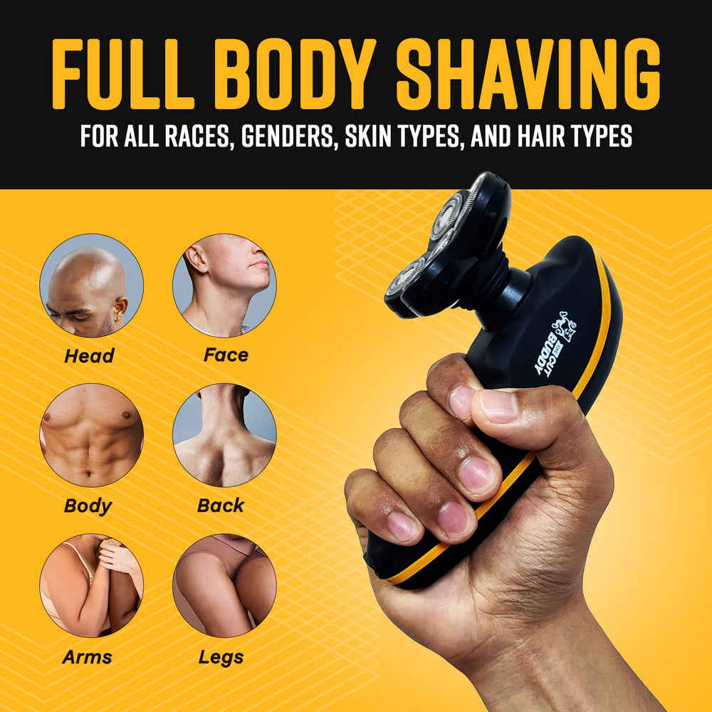 The Cut Buddy 5-blade rotary head prominently displayed for coarse-hair shaving.