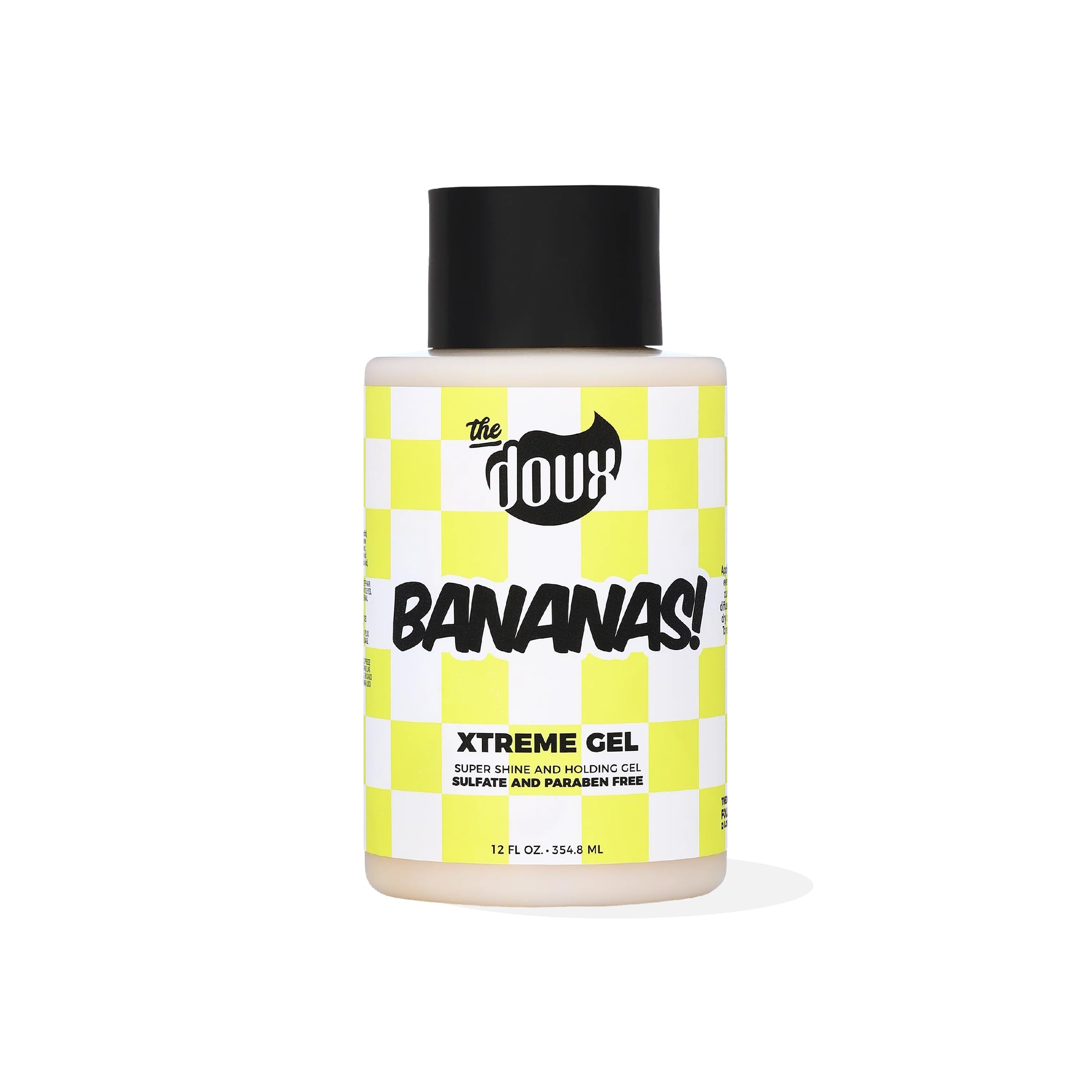The Doux Bananas Xtreme Hold bottle pour supports long-lasting hold on defined curls.