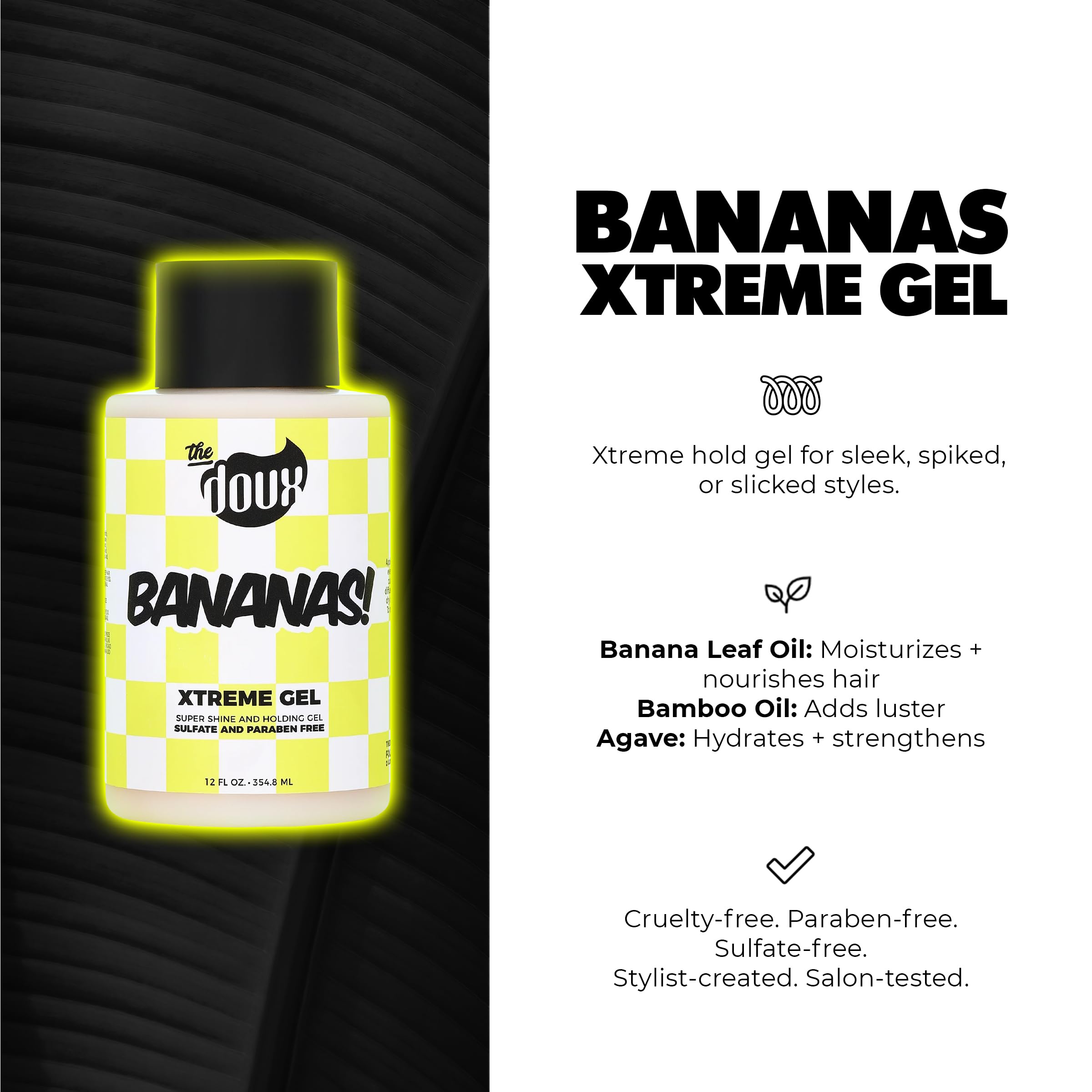 The Doux Bananas Xtreme Hold shines with glossy finish on styled waves.