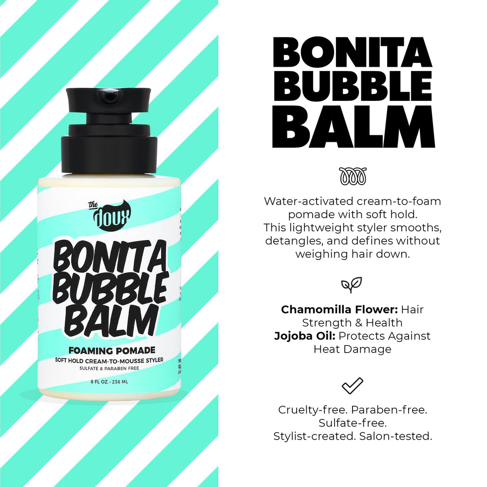 The Doux Bonita Bubble Balm curly hair definition close-up highlights enhanced texture.
