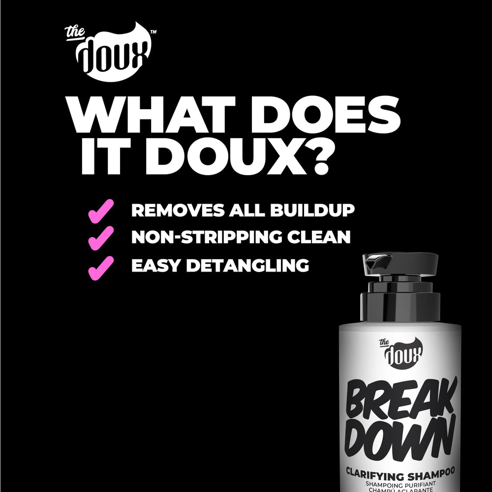 The Doux BREAKDOWN bottle and curl illustration—gender-neutral care for all textures.
