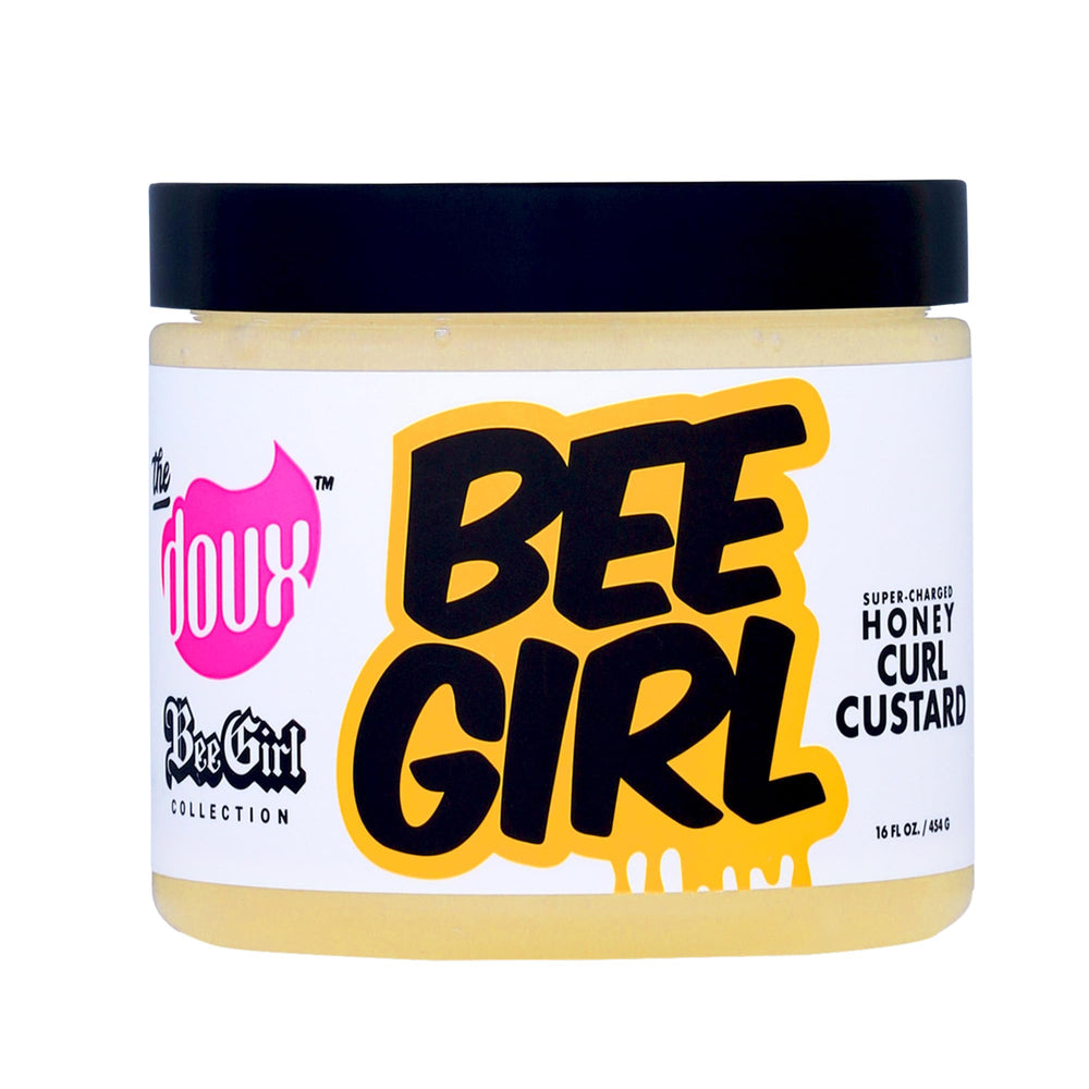 The Doux Curl Cream honey bottle pour demonstrates frizz control and shine.
