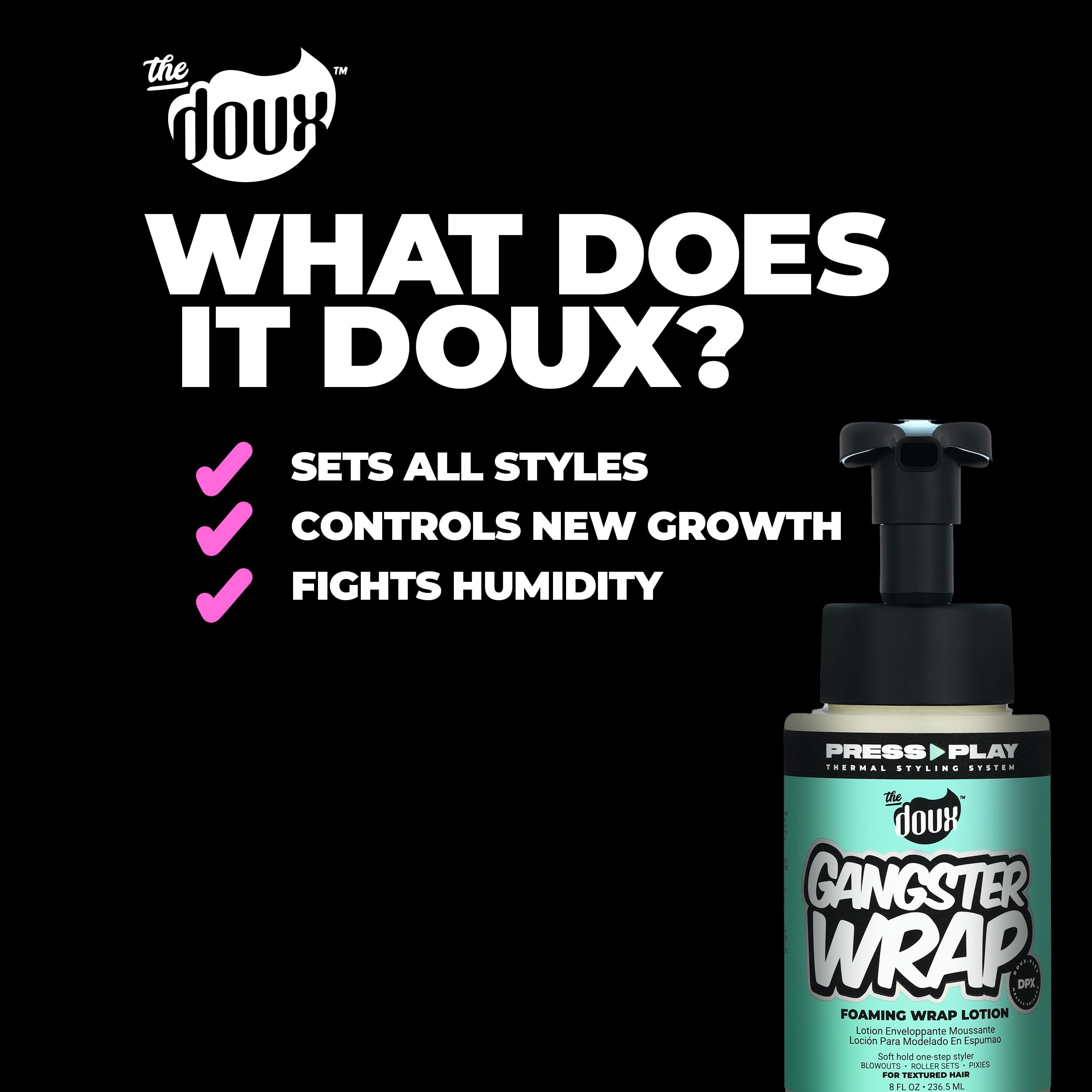 The Doux Gangster Wrap heat protection graphic highlights built-in shield for styling