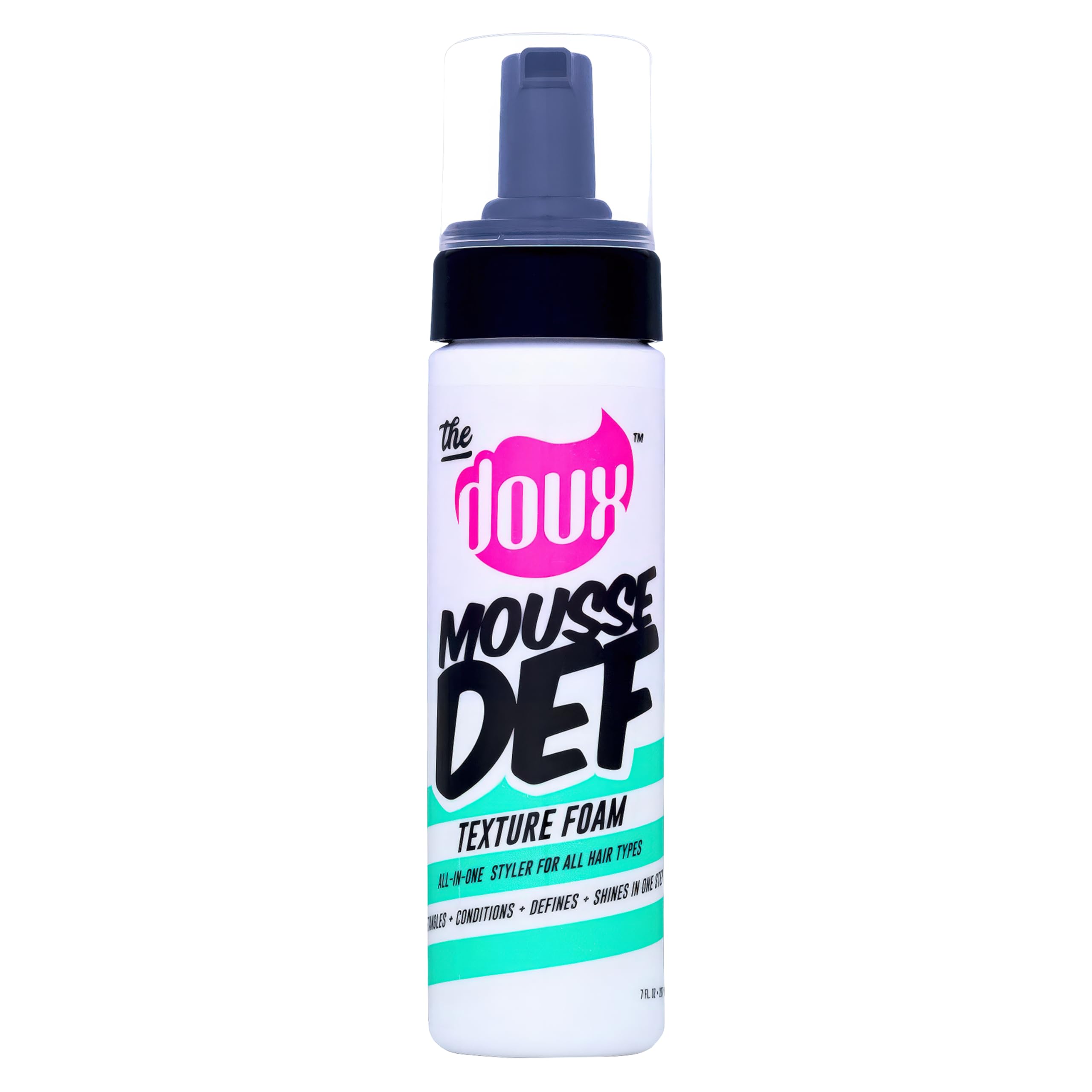 The Doux multi-use mousse bottle-dispense enables quick curl styling.