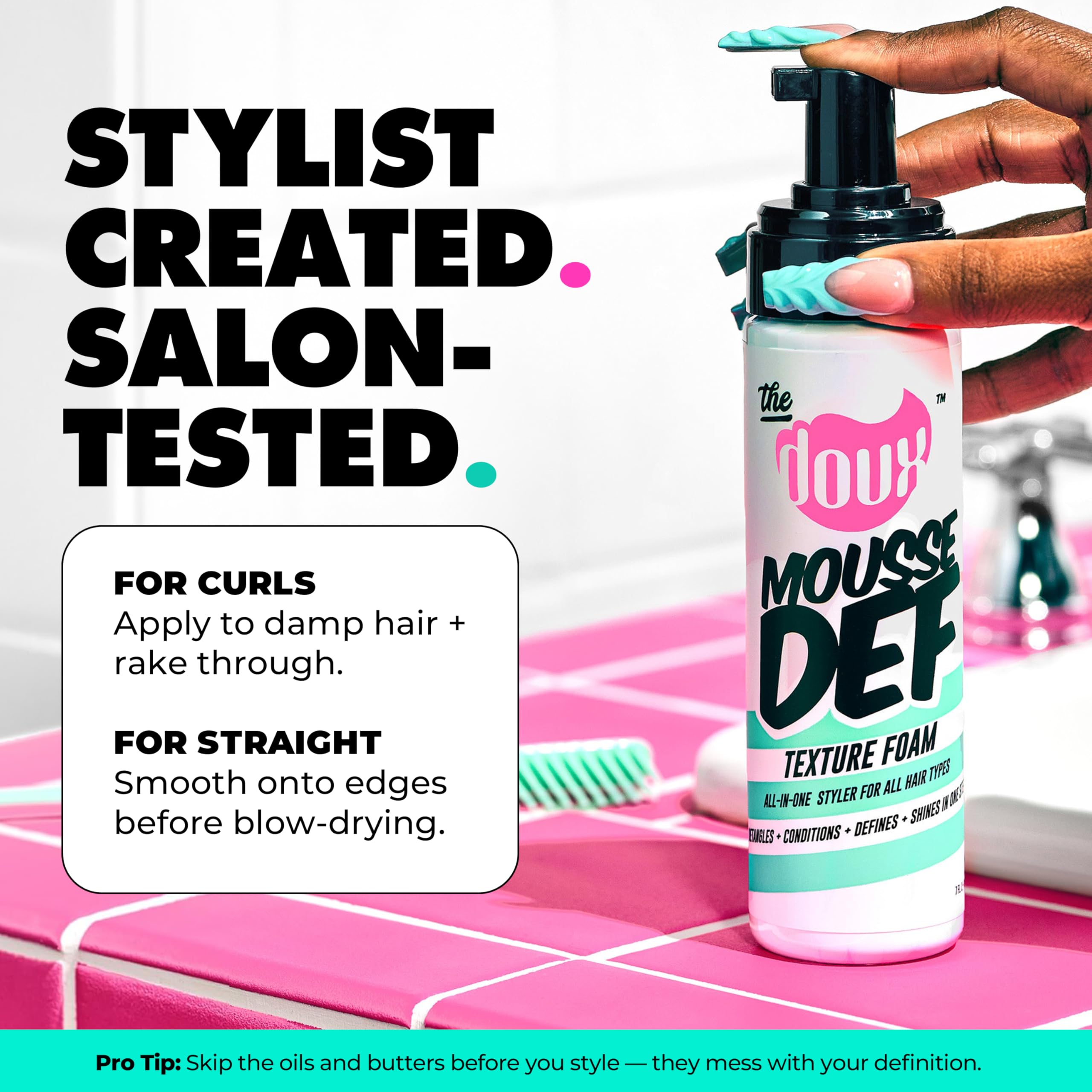 The Doux multi-use mousse closeup-silk-protein-aloe highlights hydration.