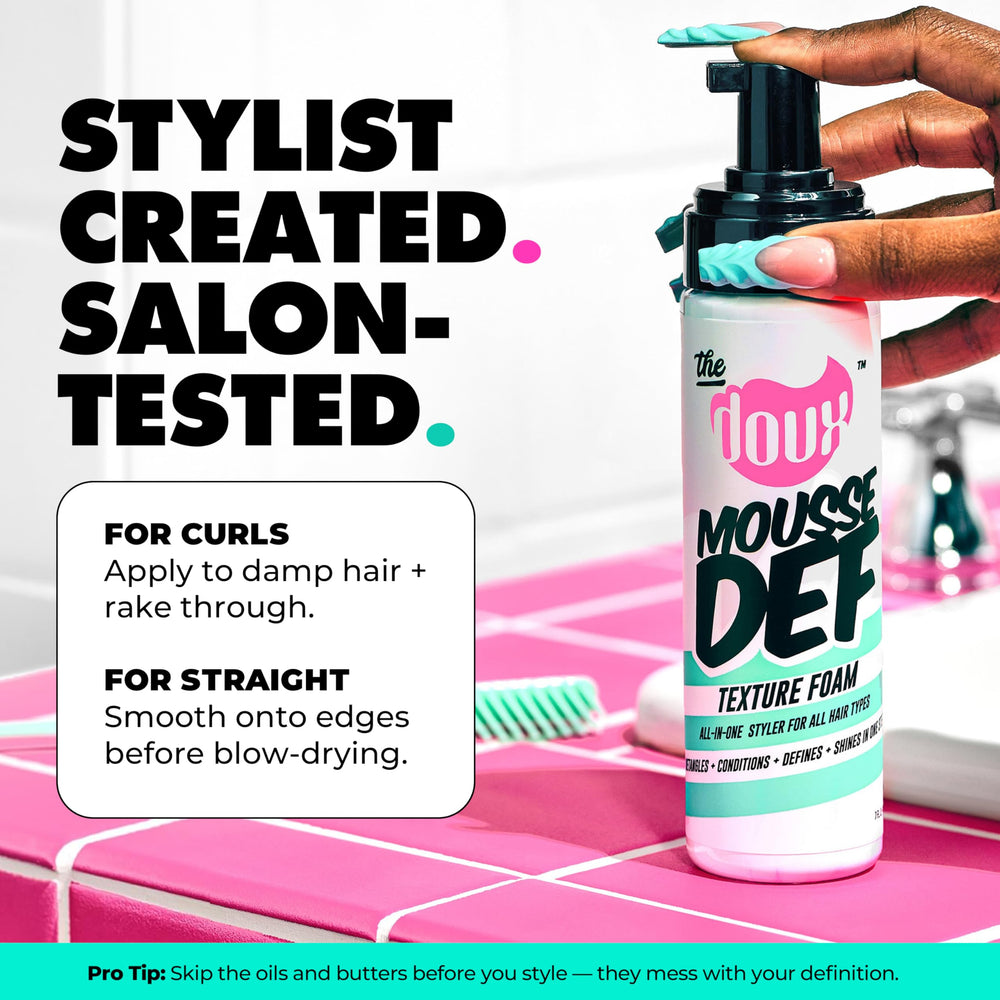 The Doux multi-use mousse closeup-silk-protein-aloe highlights hydration.