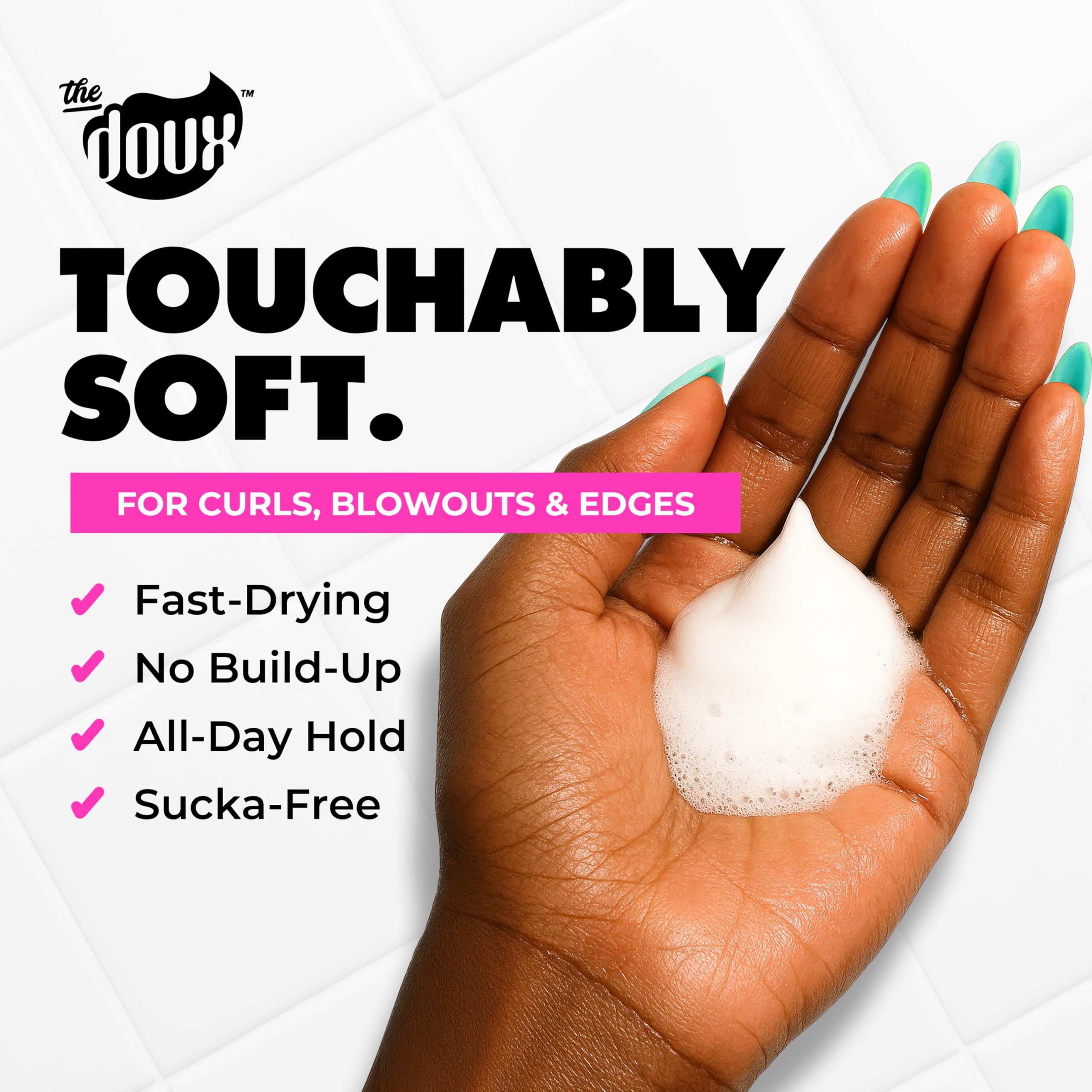 The Doux multi-use mousse hands-foaming-application shows effortless curl shaping.