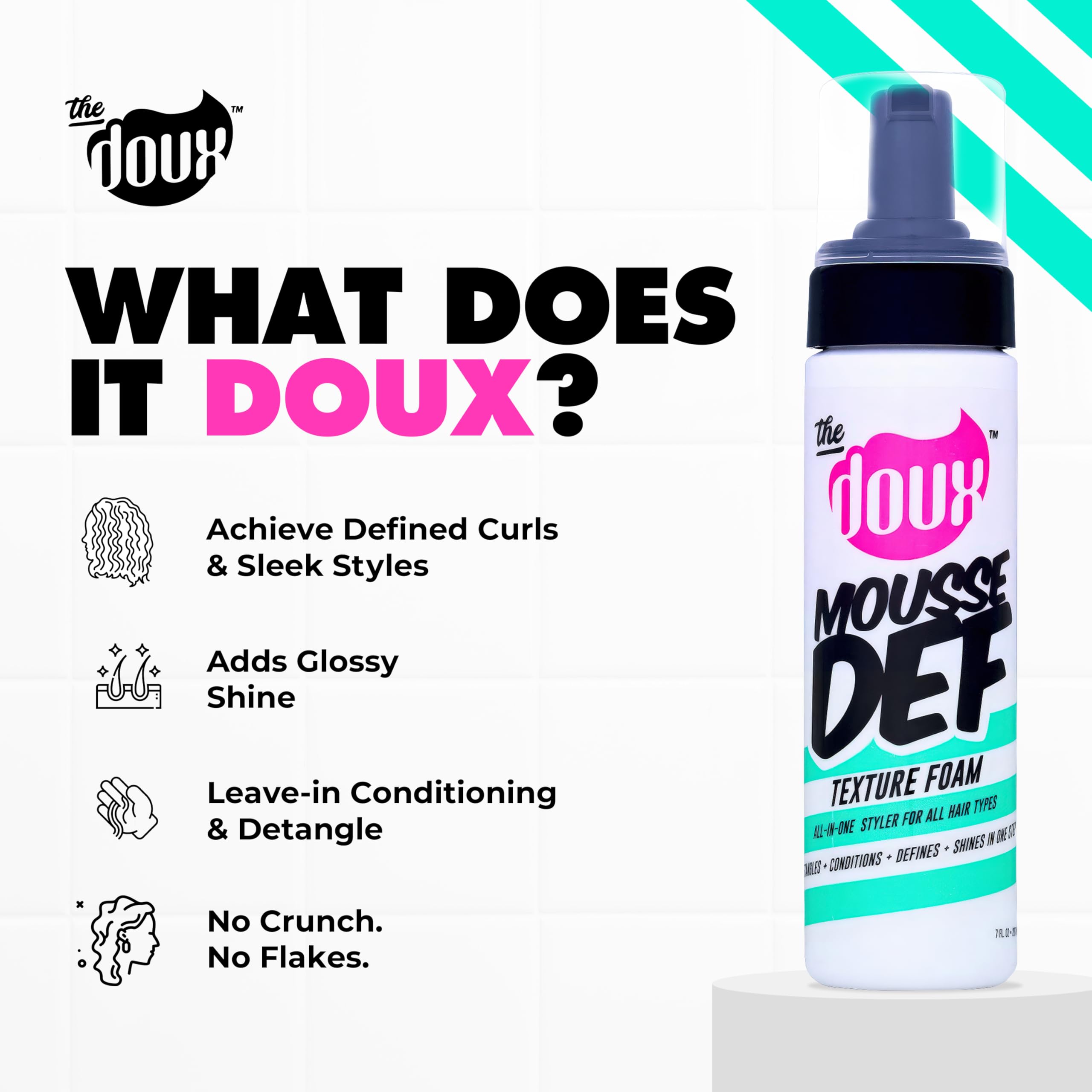 The Doux multi-use mousse shine-finishing delivers glossy, frizz-controlled curls.