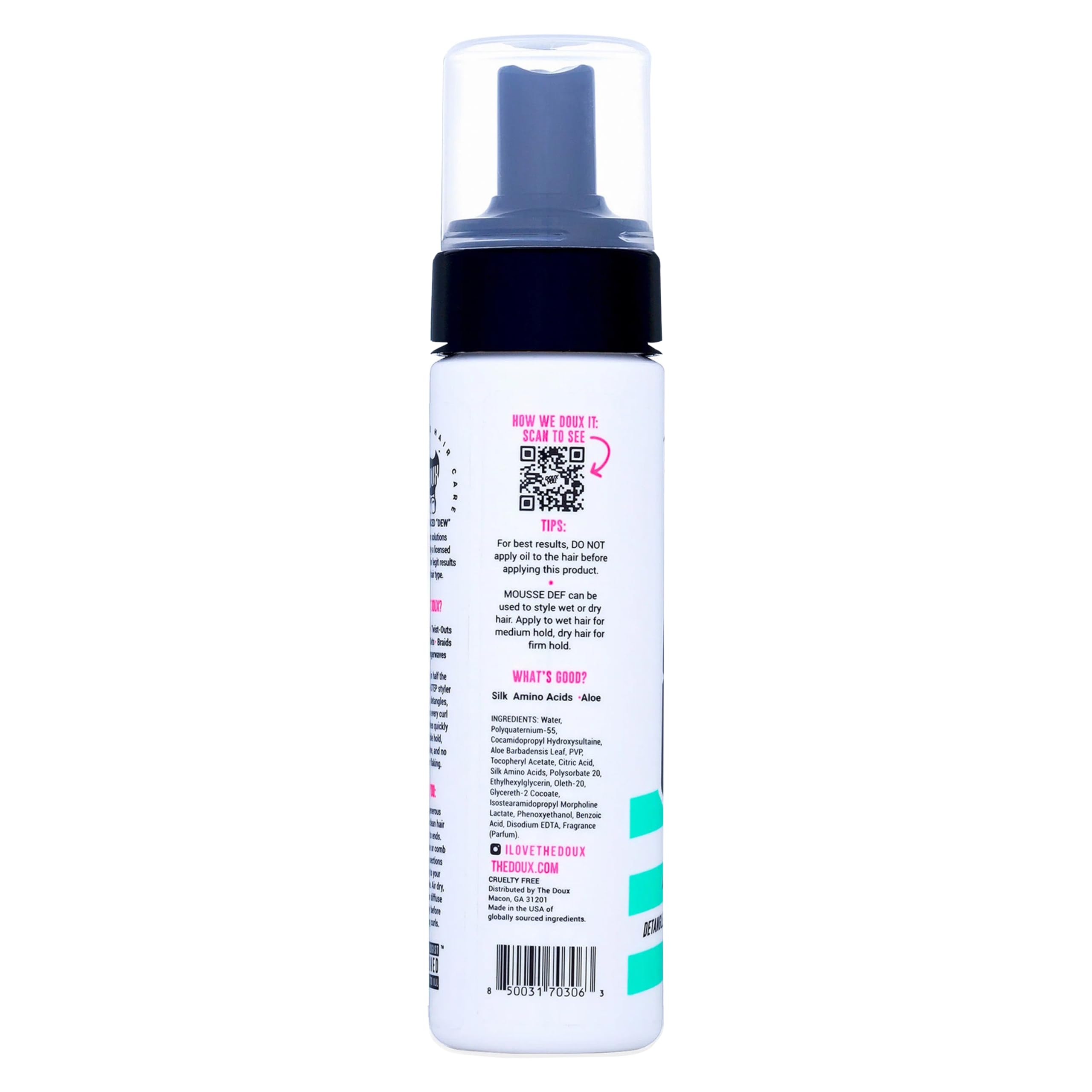 The Doux multi-use mousse volume-boost adds fuller texture.