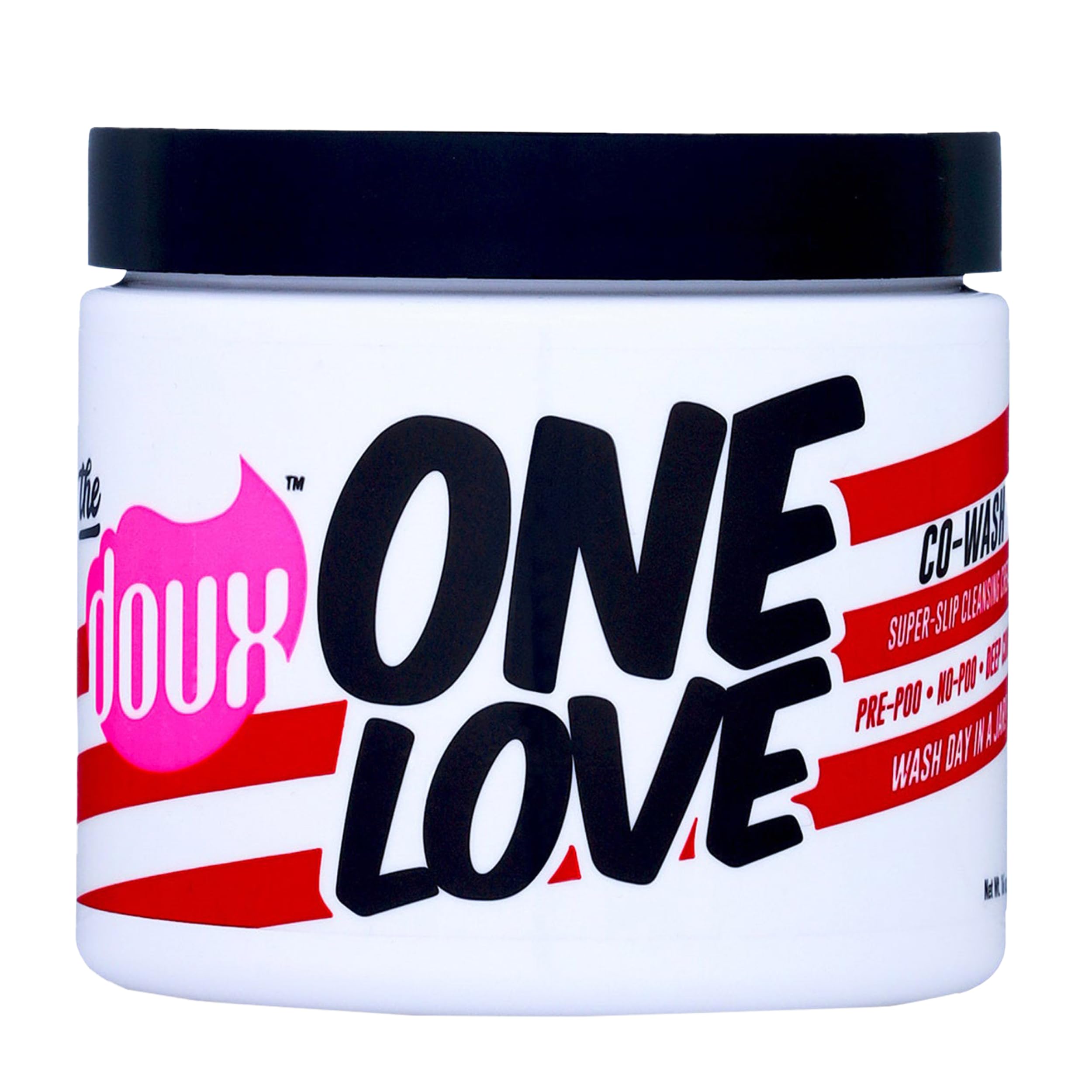 The Doux ONE LOVE co-wash bottle front view highlighting 3-in-1 care for curls.
