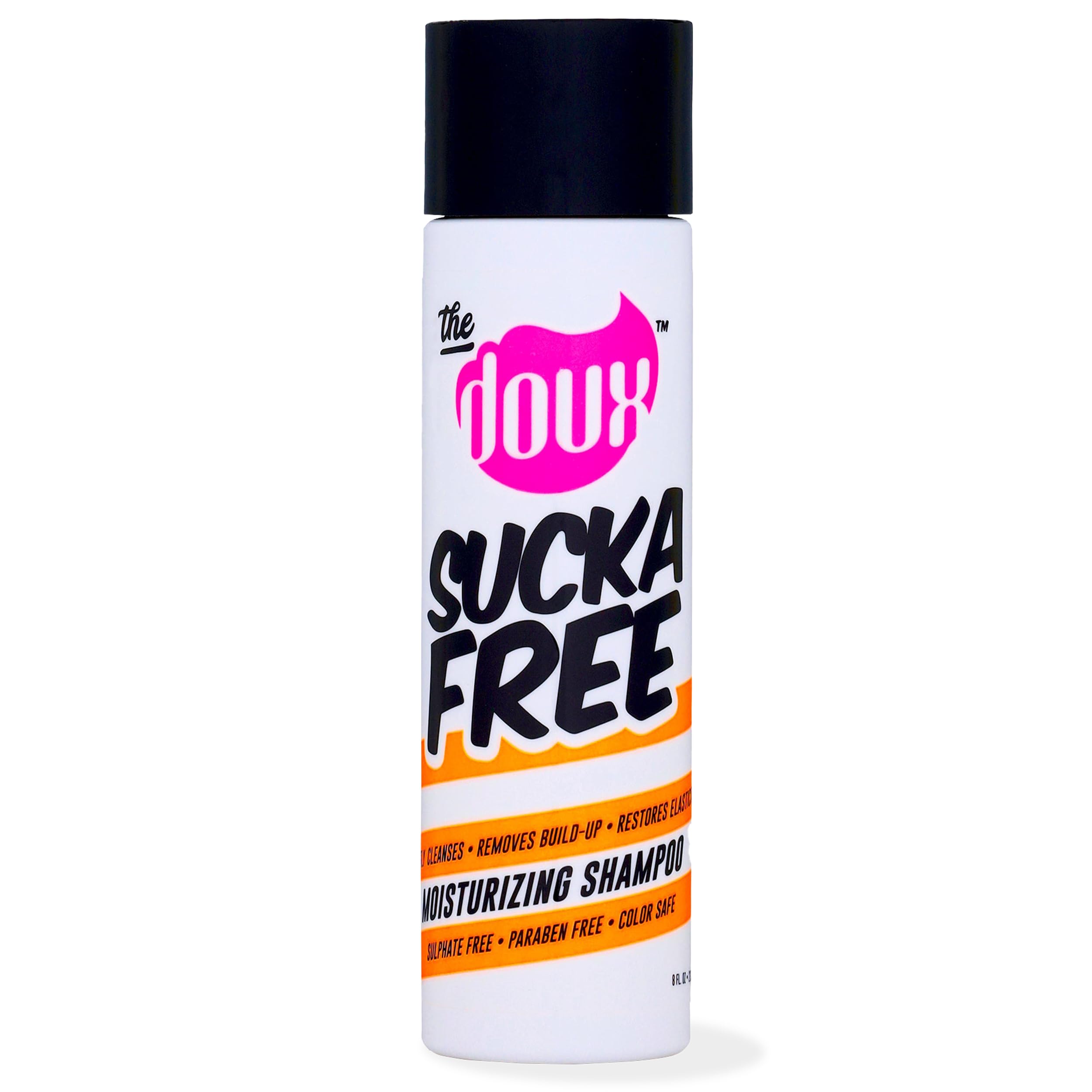 The Doux SUCKA FREE shampoo packaging highlights gentle cleansing for hydrated curls.
