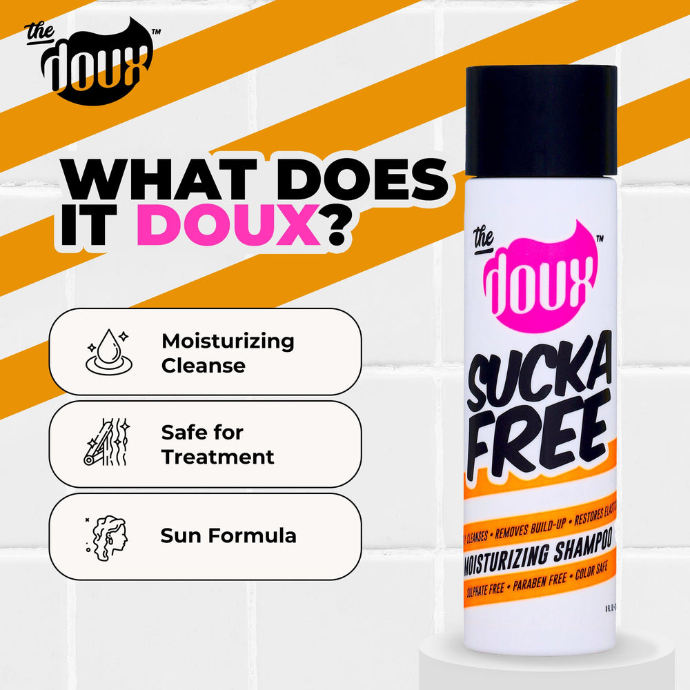 The Doux SUCKA FREE shampoo shea butter drops showcase rich moisture for dry curls.