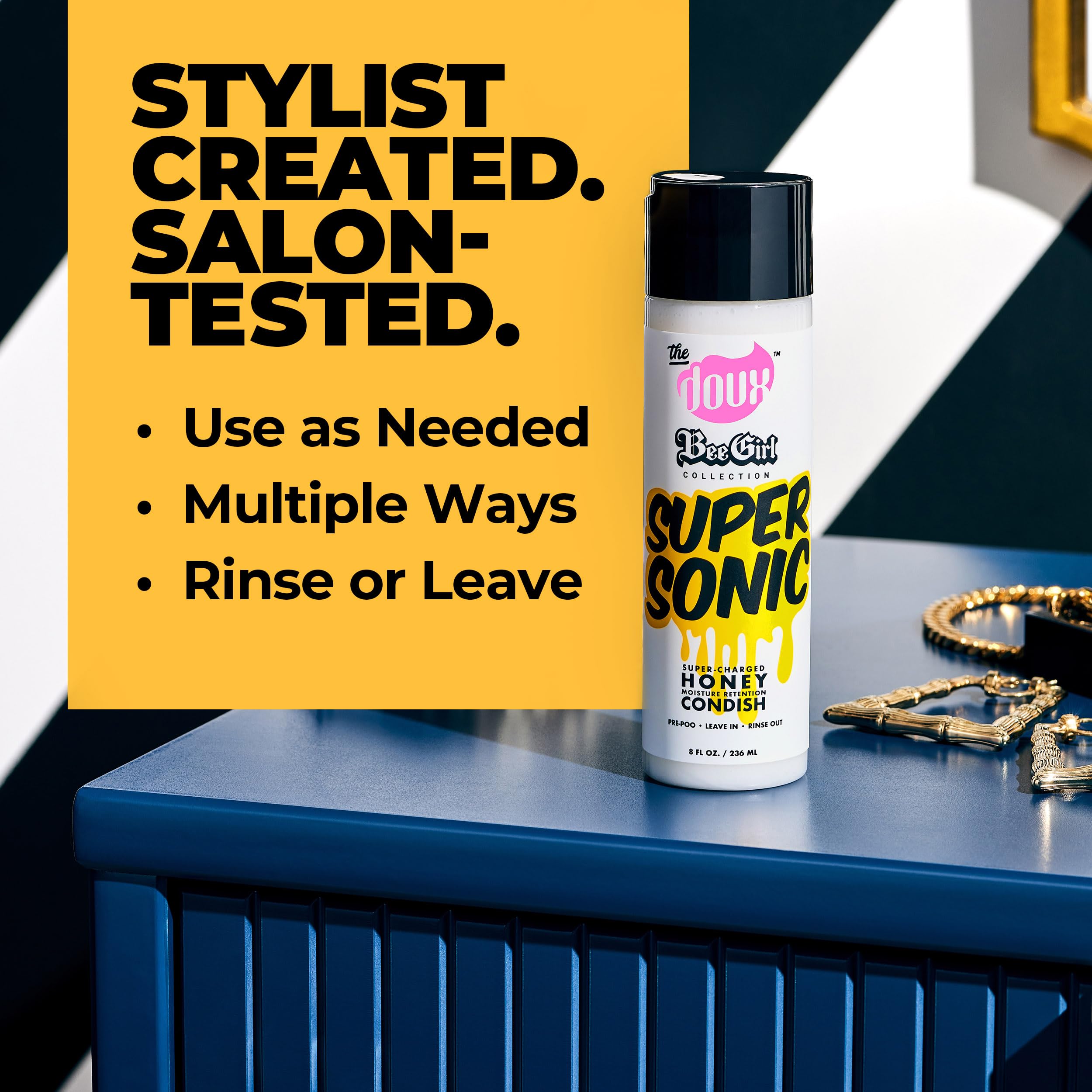 The Doux Supersonic Honey Condish frizz-control formula helps smooth cuticles