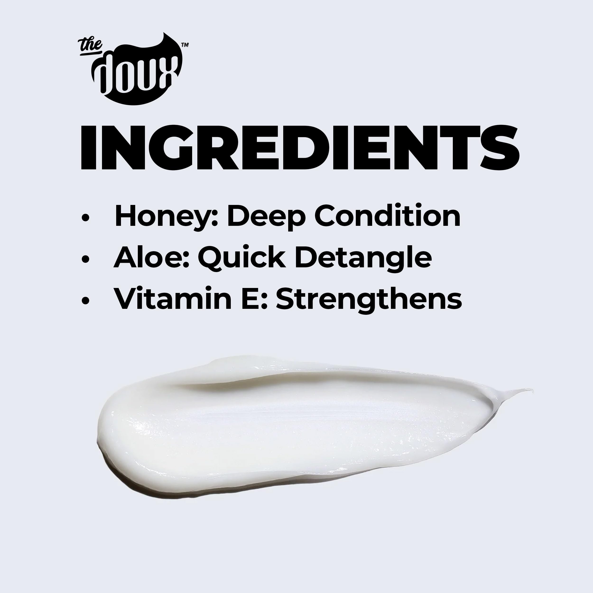 The Doux Supersonic Honey Condish rinse-out finish provides silky slip and manageable curls