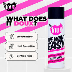 The Doux WE WANT EASY anti-frizz texture image demonstrates humidity protection.