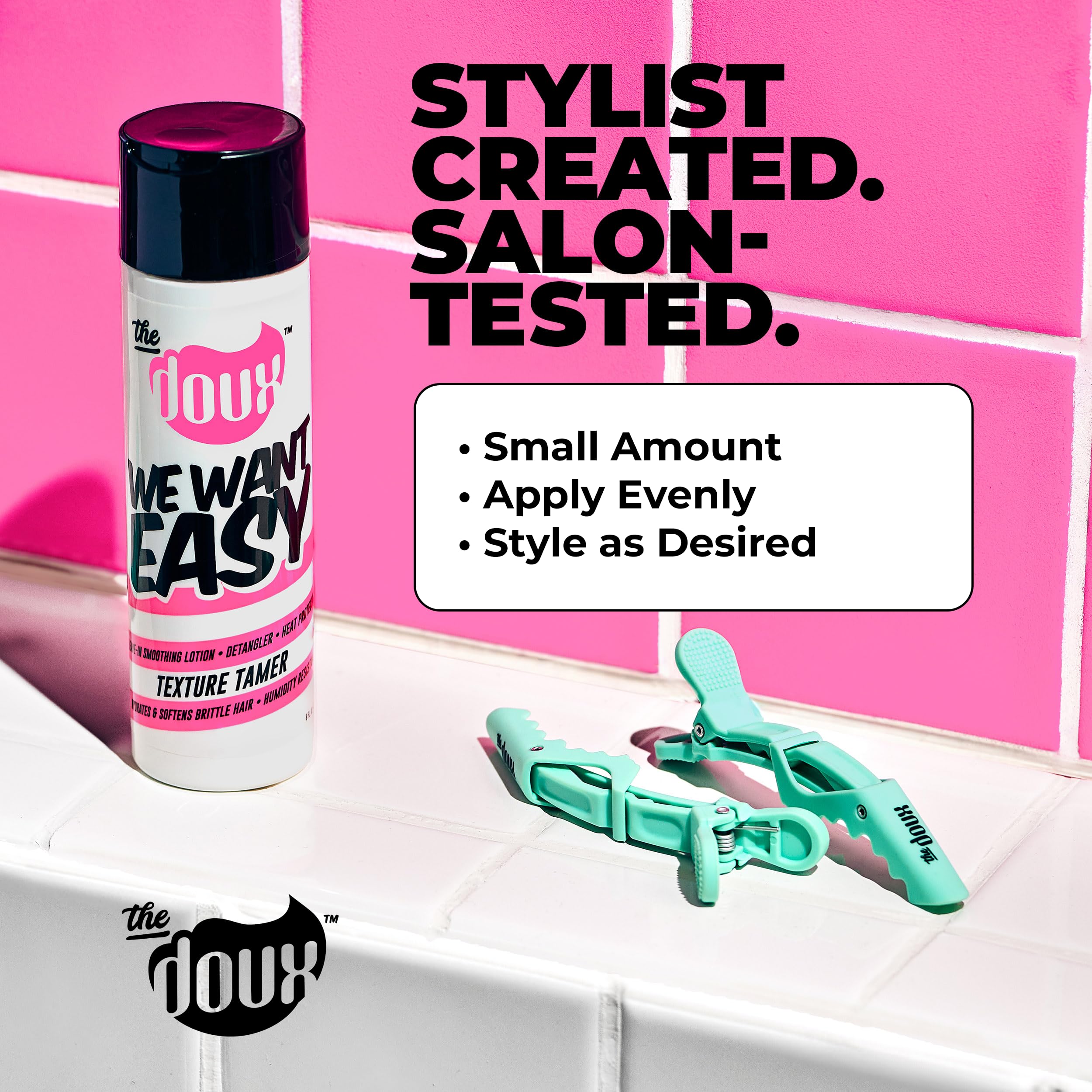 The Doux WE WANT EASY leave-in application showcases detangling and smooth styling.