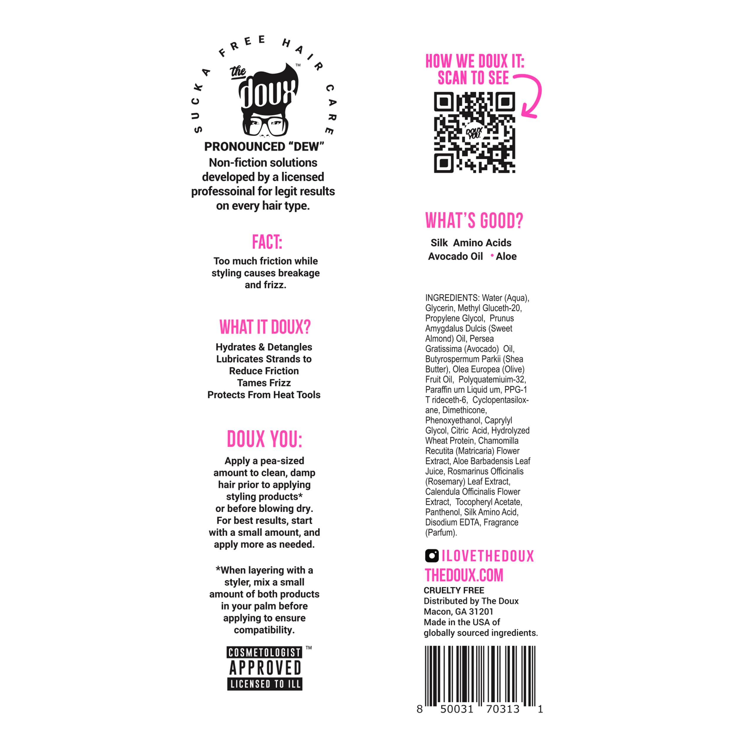 The Doux WE WANT EASY packaging and ingredients highlight shea and avocado oils.